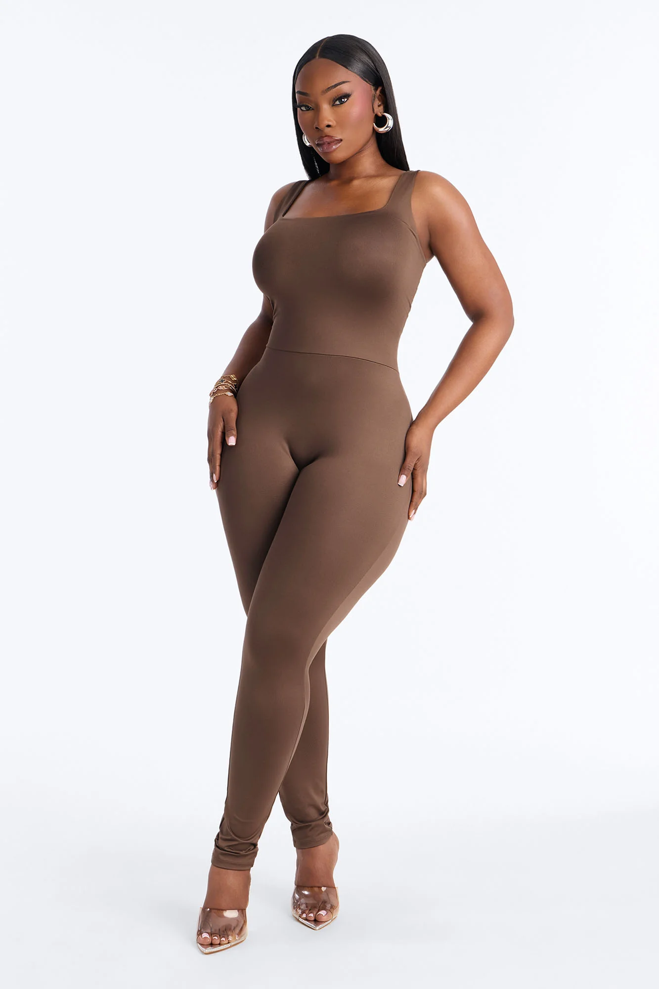 Contour Double Lined Sleeveless Square Neck Jumpsuit - Brown - Image 5