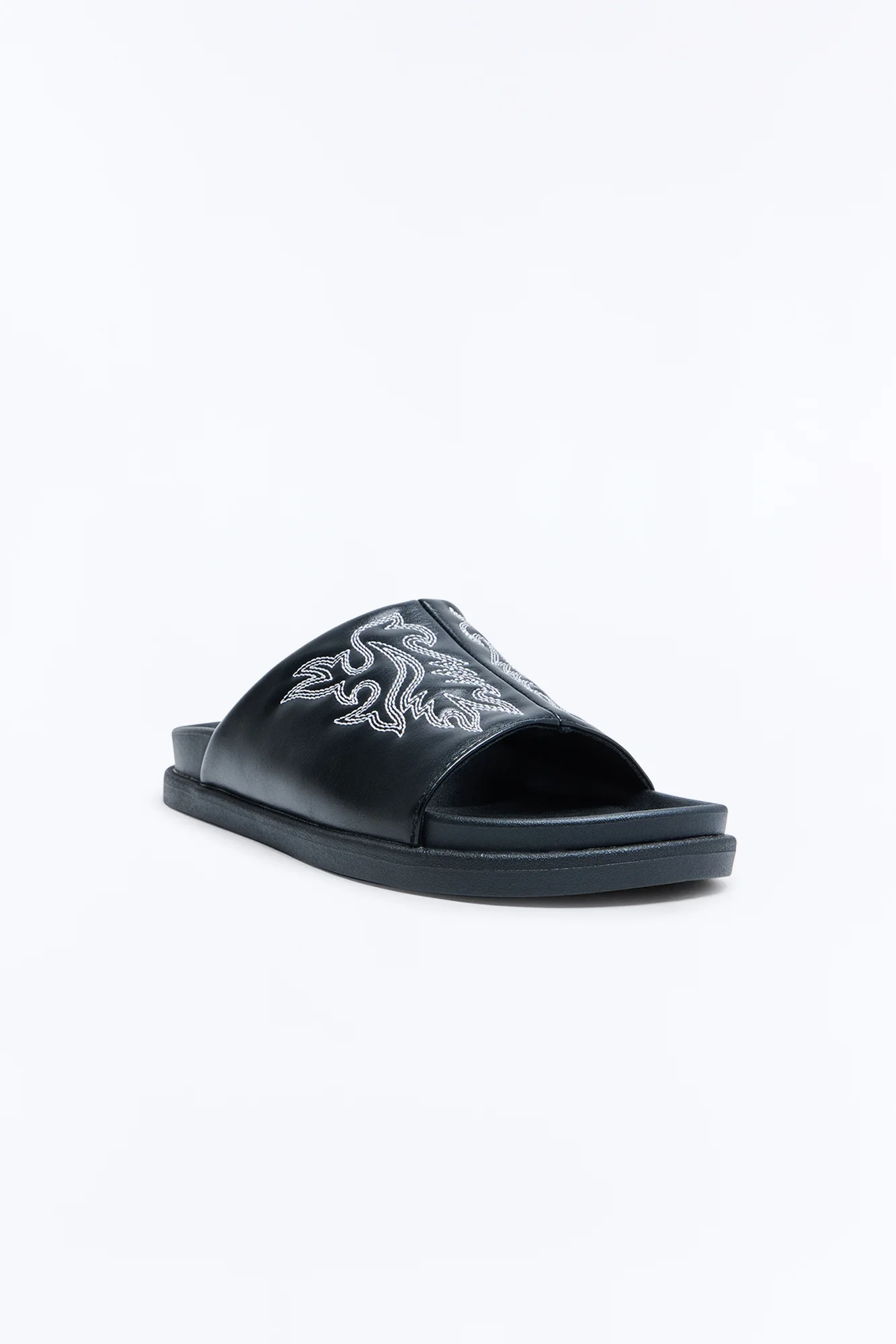 Contrast Stitch Embroidered Faux Leather Slip On Slide - Black - Image 2