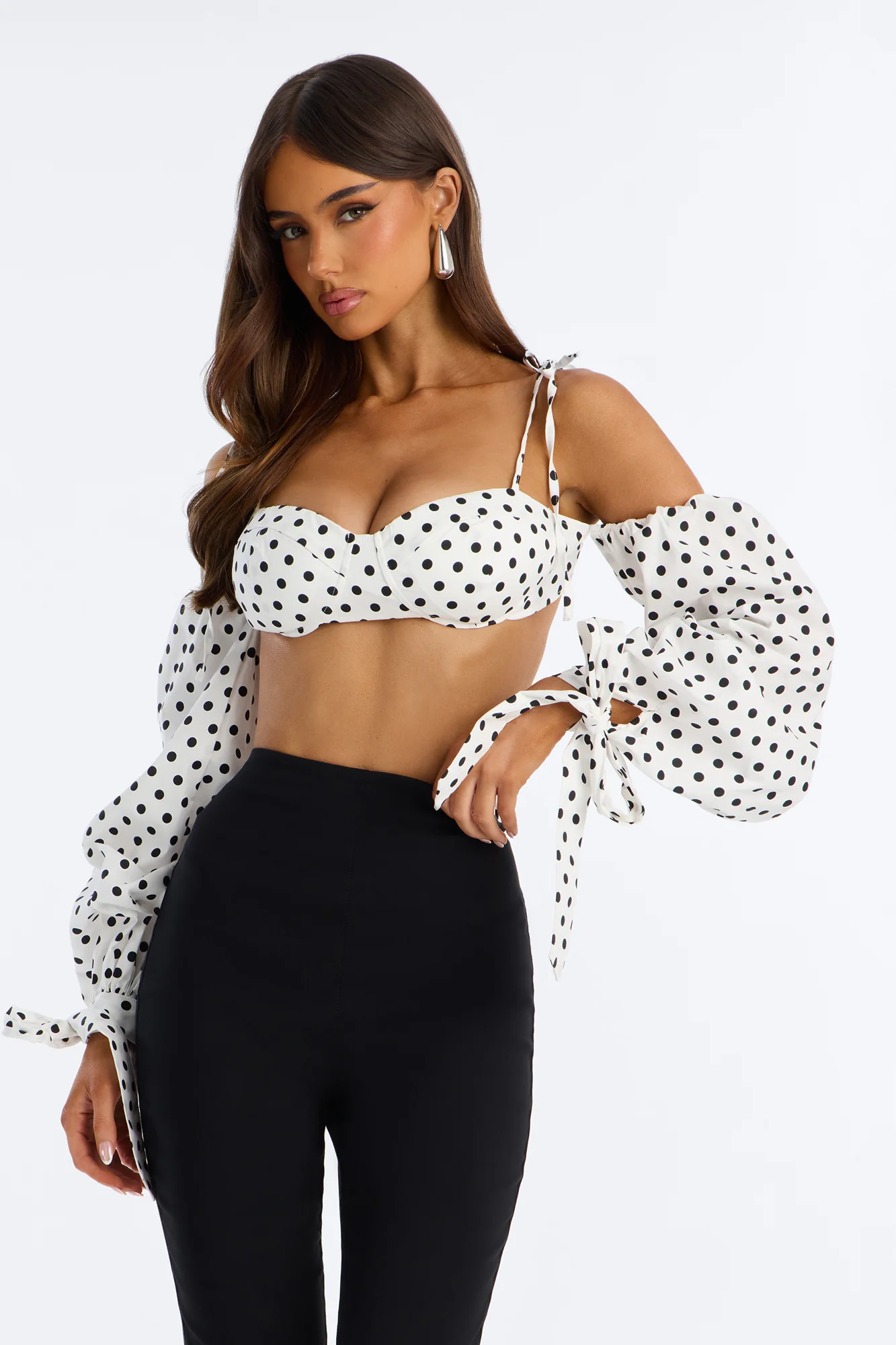 Cool Girl Behavior Polka Dot Long Sleeve Bralette - White/combo