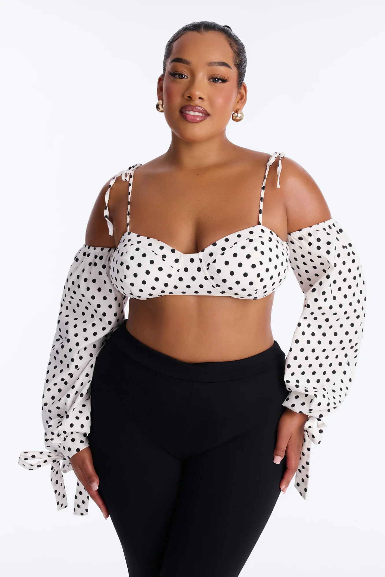 Cool Girl Behavior Polka Dot Long Sleeve Bralette - White/combo - Image 6