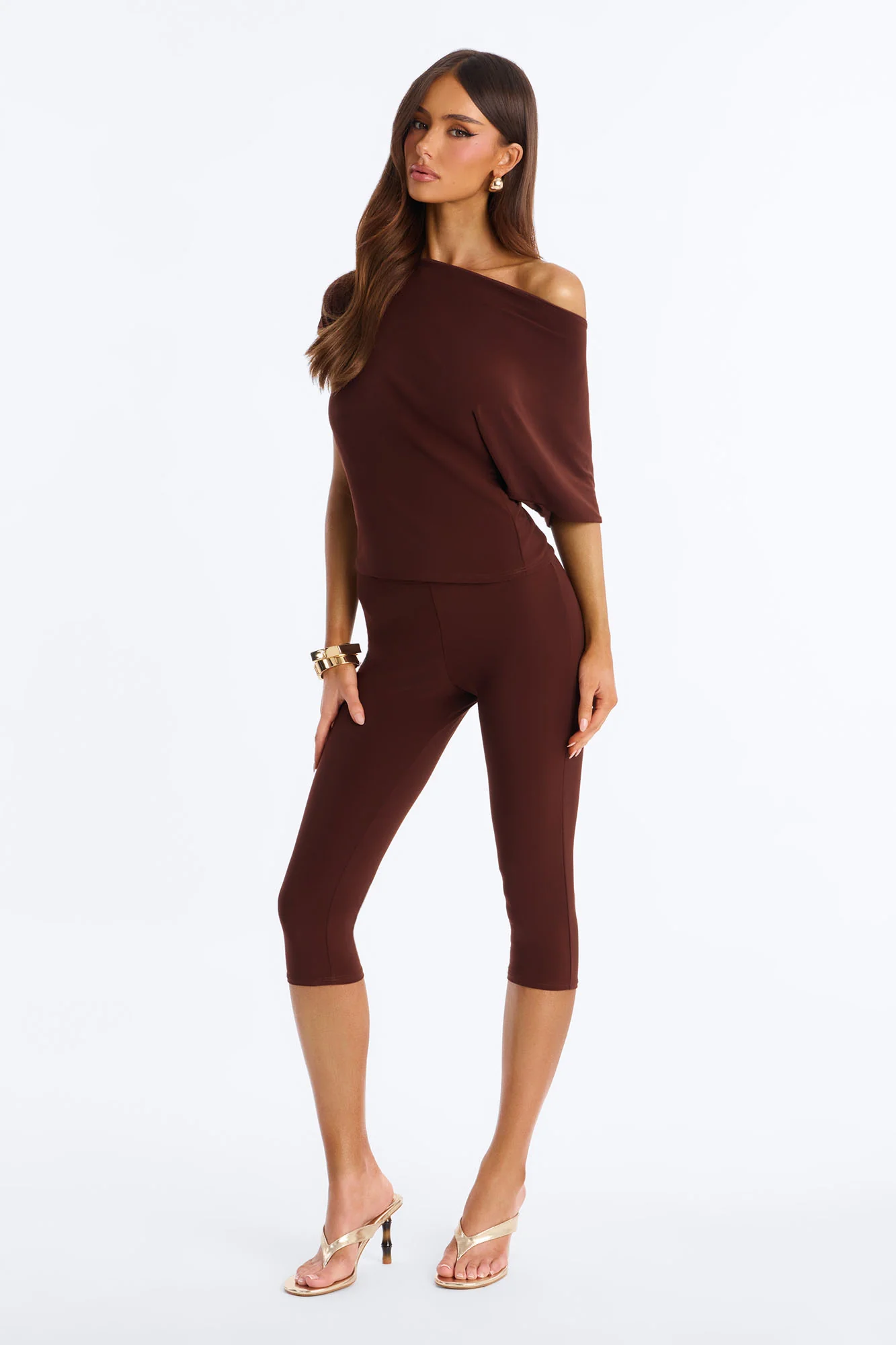 Cool Girl Casual Off Shoulder Capri Set - Brown