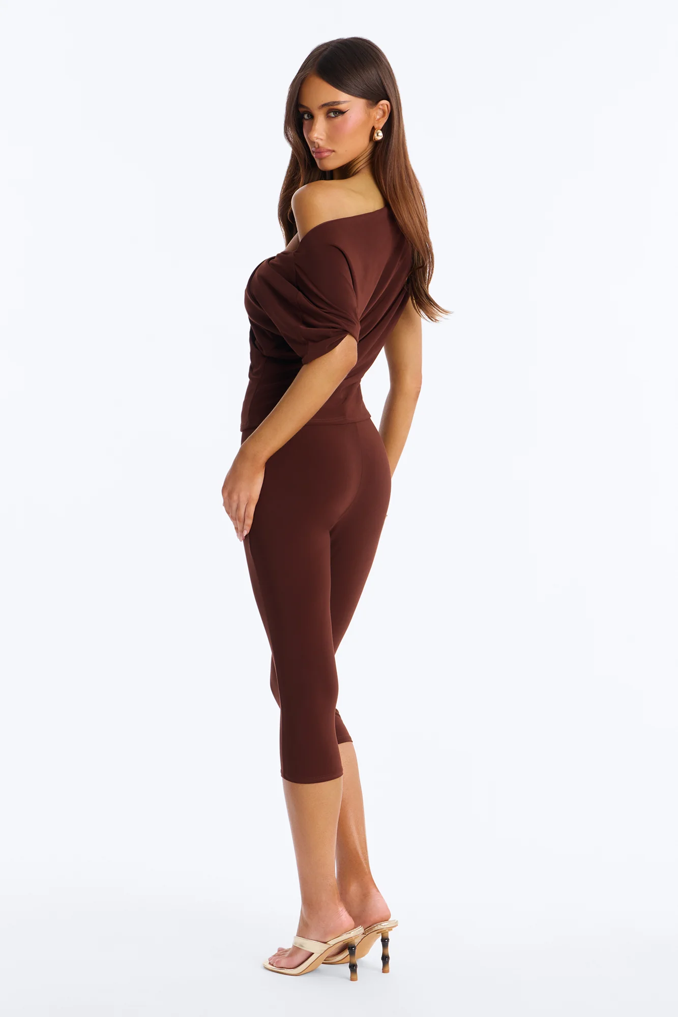 Cool Girl Casual Off Shoulder Capri Set - Brown - Image 3