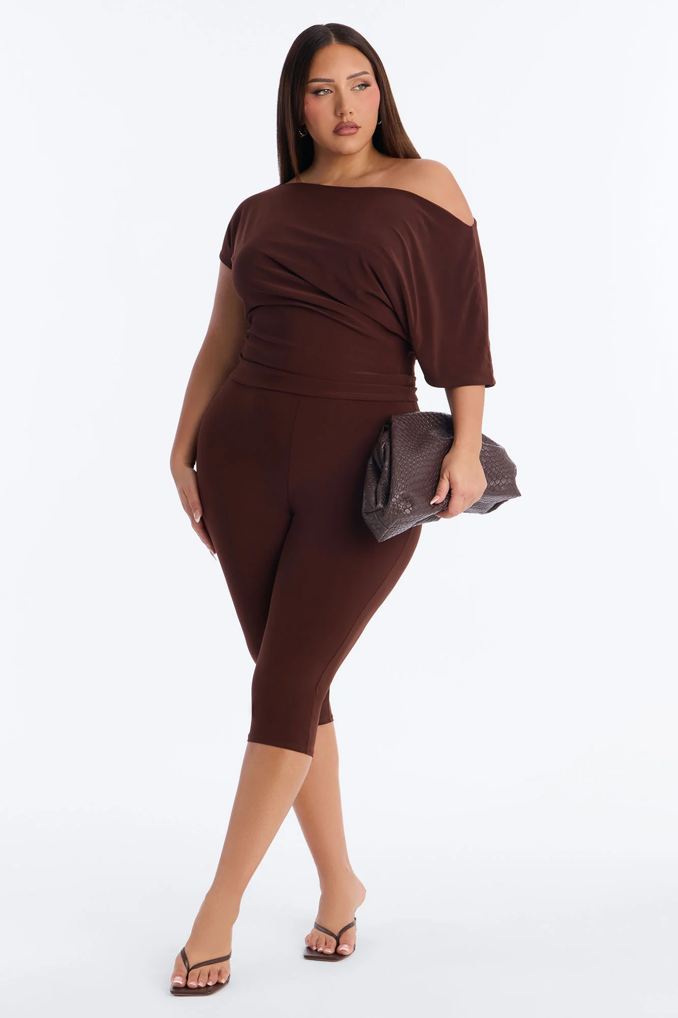 Cool Girl Casual Off Shoulder Capri Set - Brown - Image 4