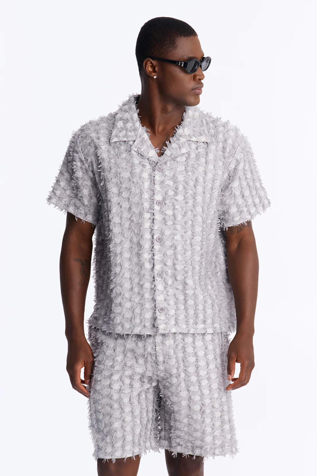 Coral Fringe Cuban Collar Button Up Shirt - Grey
