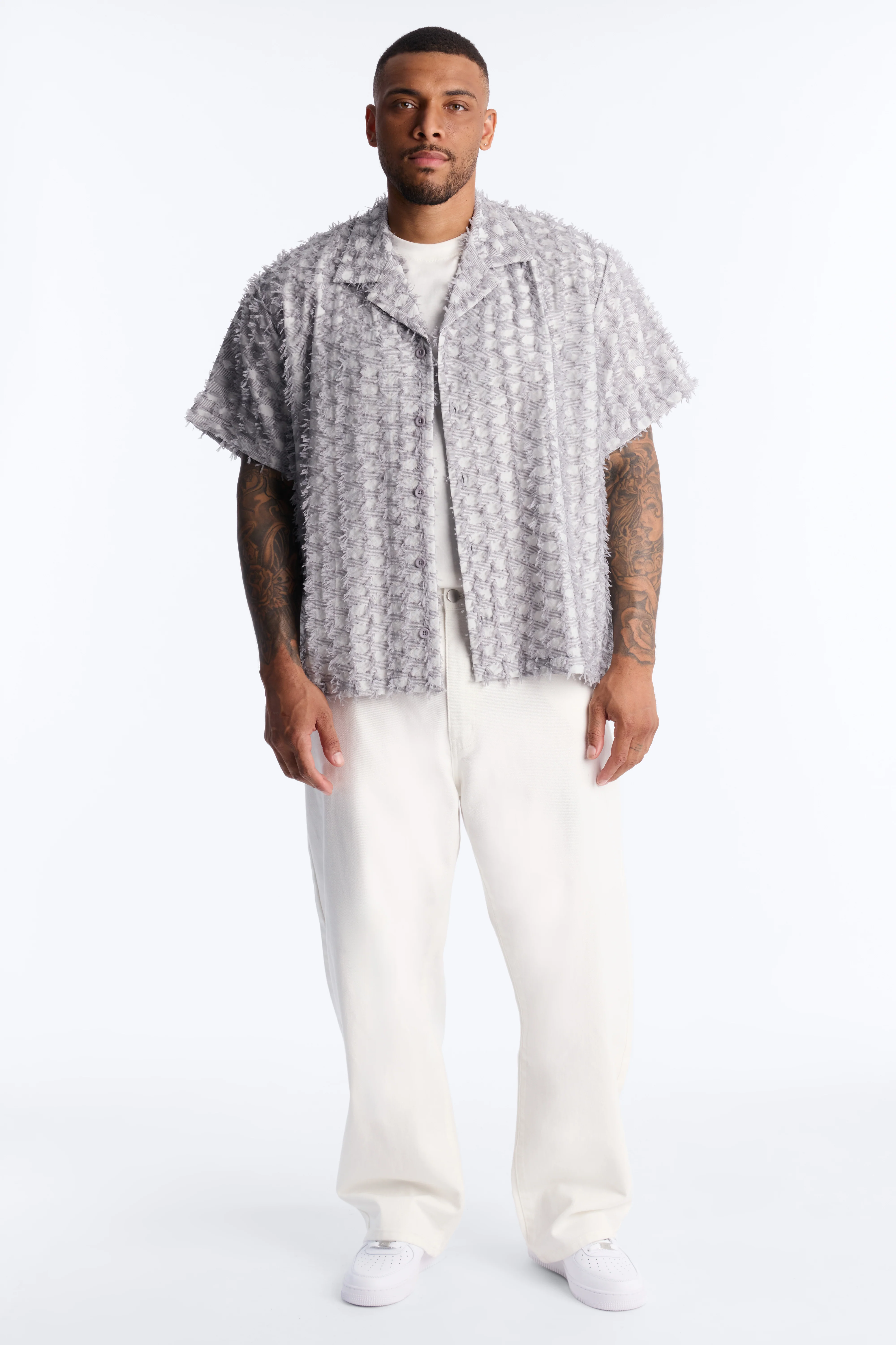 Coral Fringe Cuban Collar Button Up Shirt - Grey - Image 6