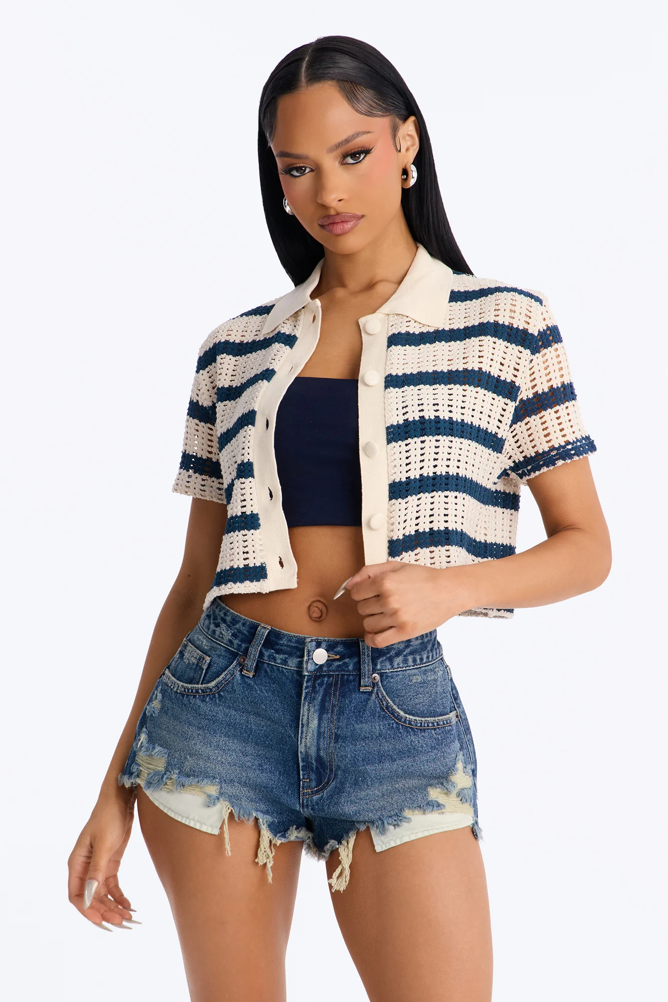 Costal Girl Striped Crochet Shirt - Navy/combo