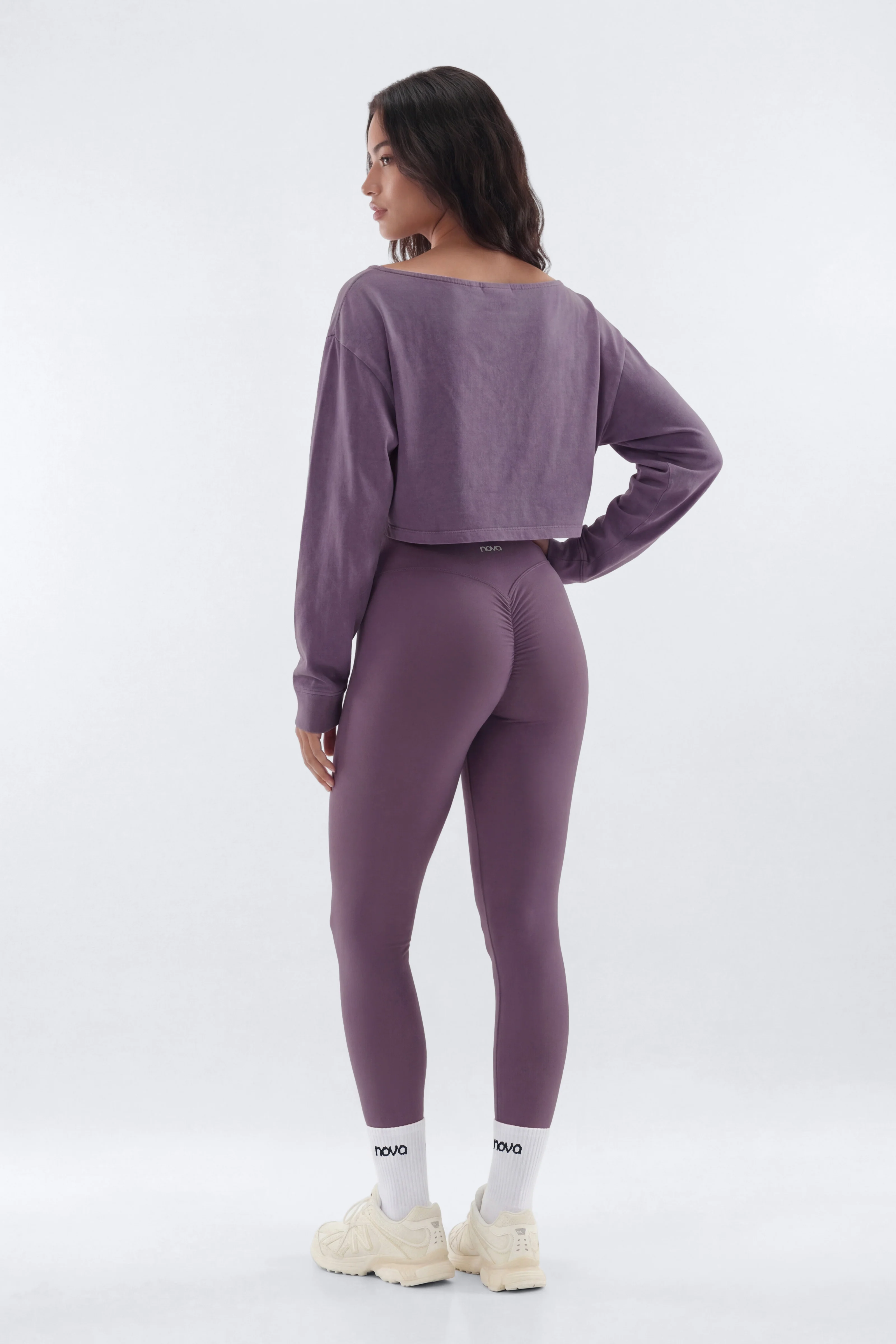 Cotton Jersey Off Shoulder Long Sleeve Crop Top - Iris - Image 3