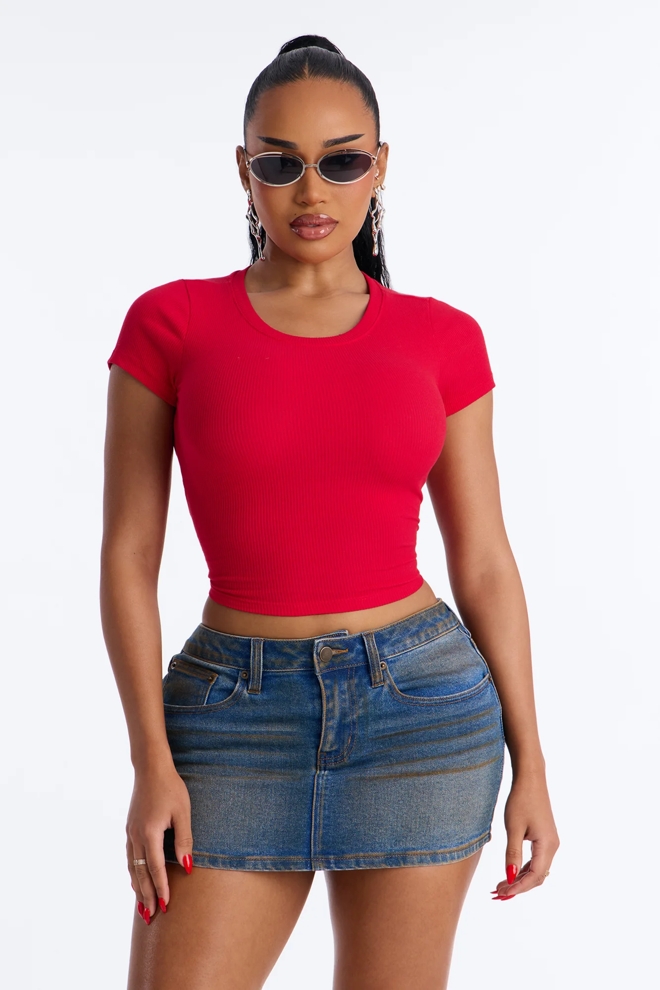 Cotton Rib Crew Neck Baby Tee - Red - Image 2