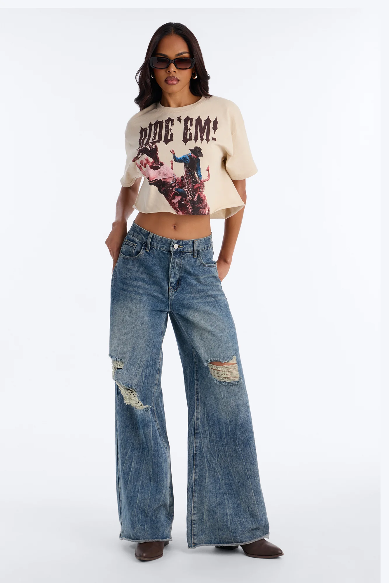 Cowgirl Ride Cut Off Cropped Tee - Sand - Image 2