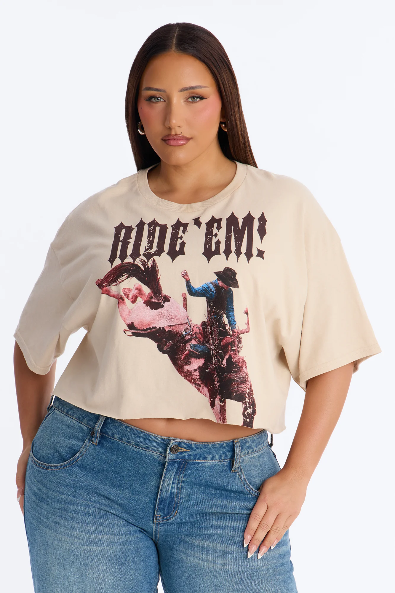 Cowgirl Ride Cut Off Cropped Tee - Sand - Image 5