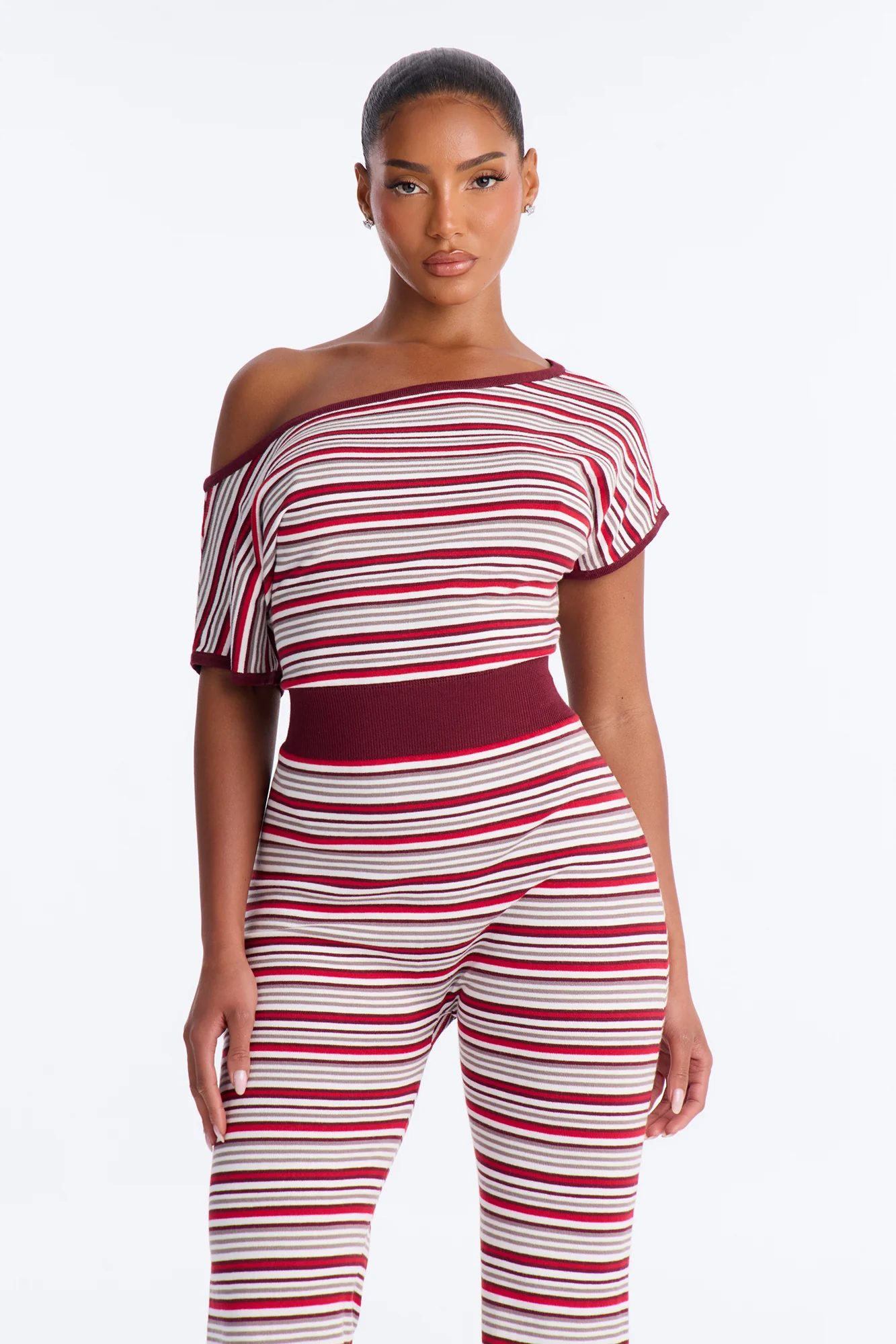 Cozy In Stripes Off Shoulder Jumpsuit - Red - Image 2