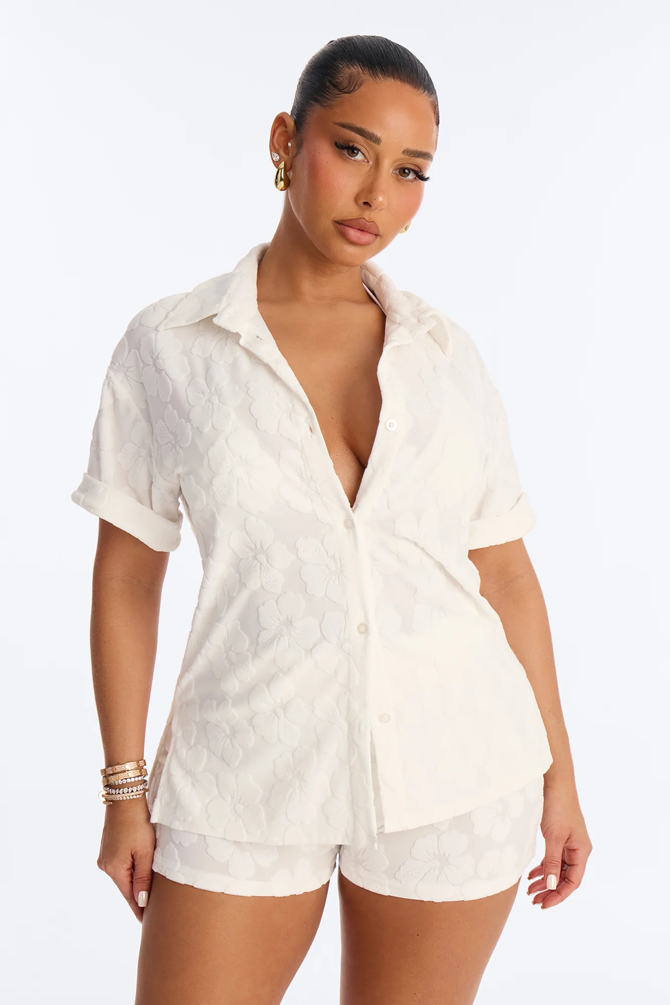Cristal Textured Swim Cover Up Short Set - White - Image 2