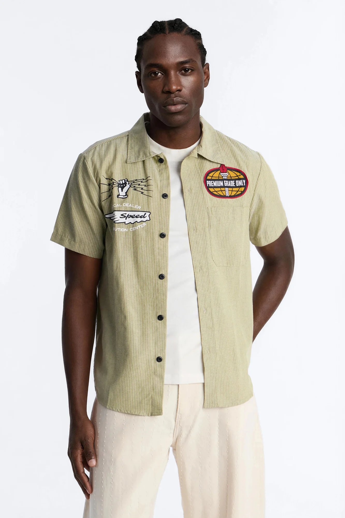 Cropped Overdrive Mode Striped Button Up Shirt - Sage