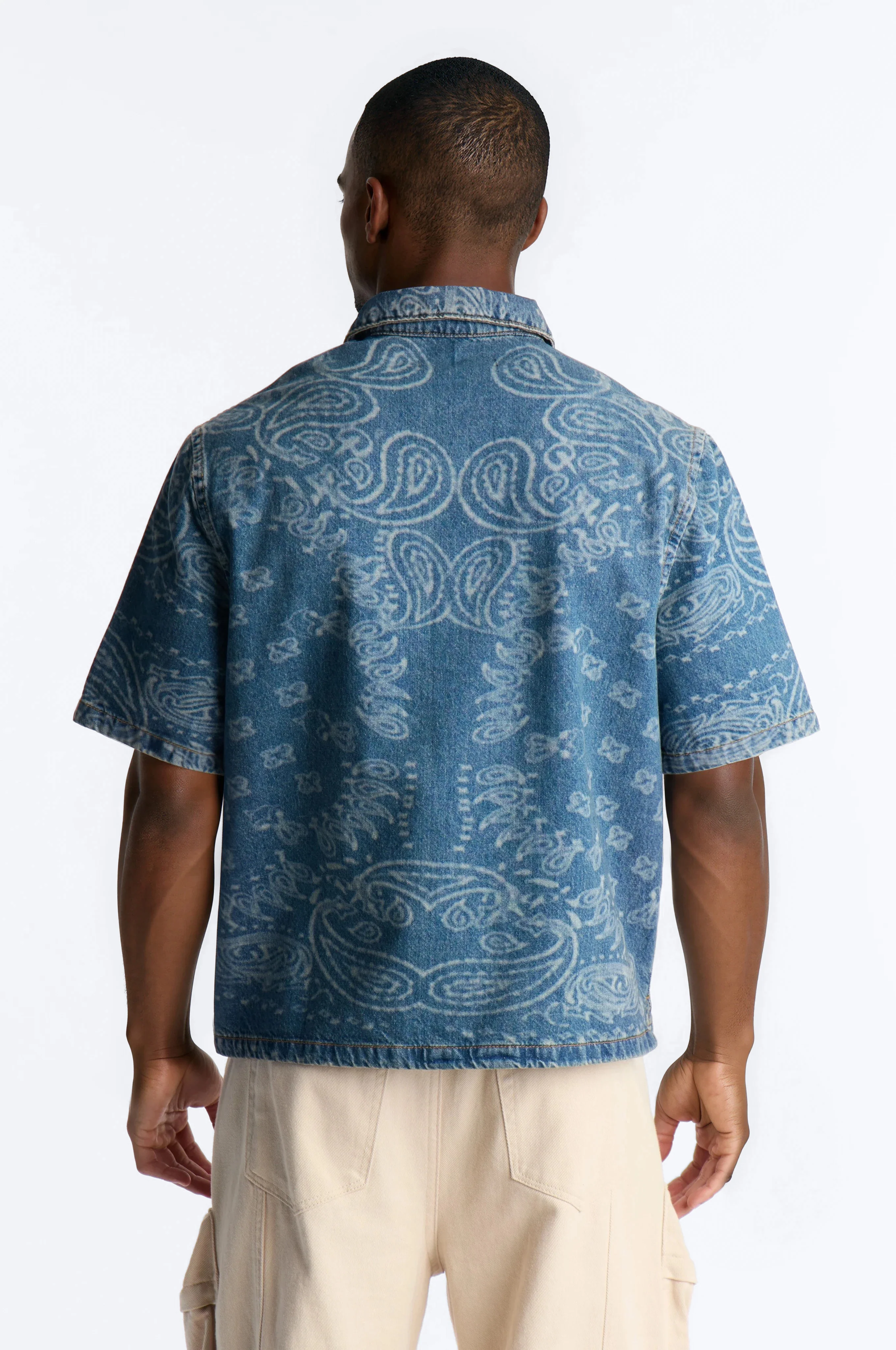 Cropped Paisley Last Denim Button Up Shirt - Medium Blue Wash - Image 3