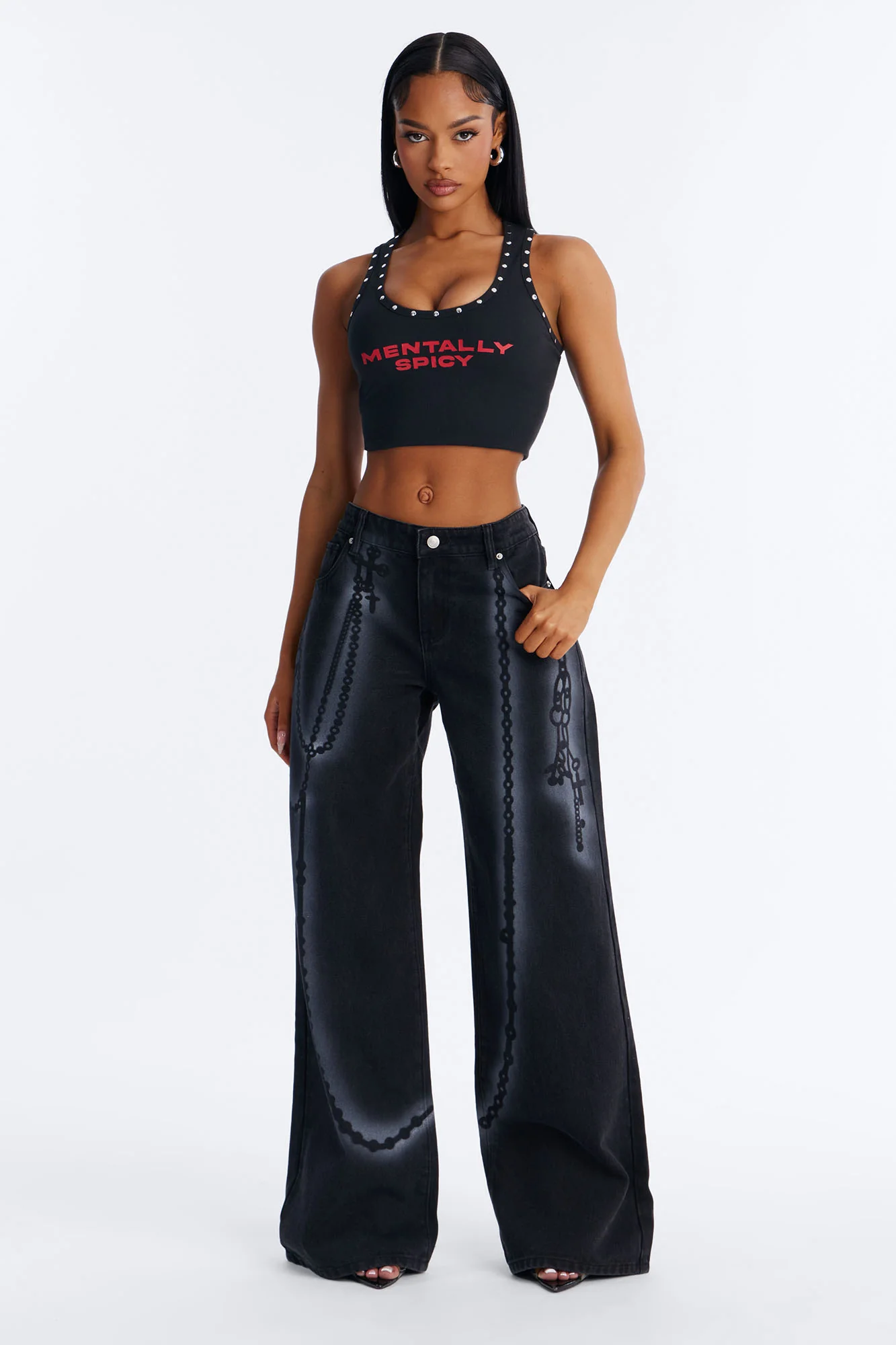 Crossed My Mind Printed Wide Leg Jeans - Black Wash - Image 2
