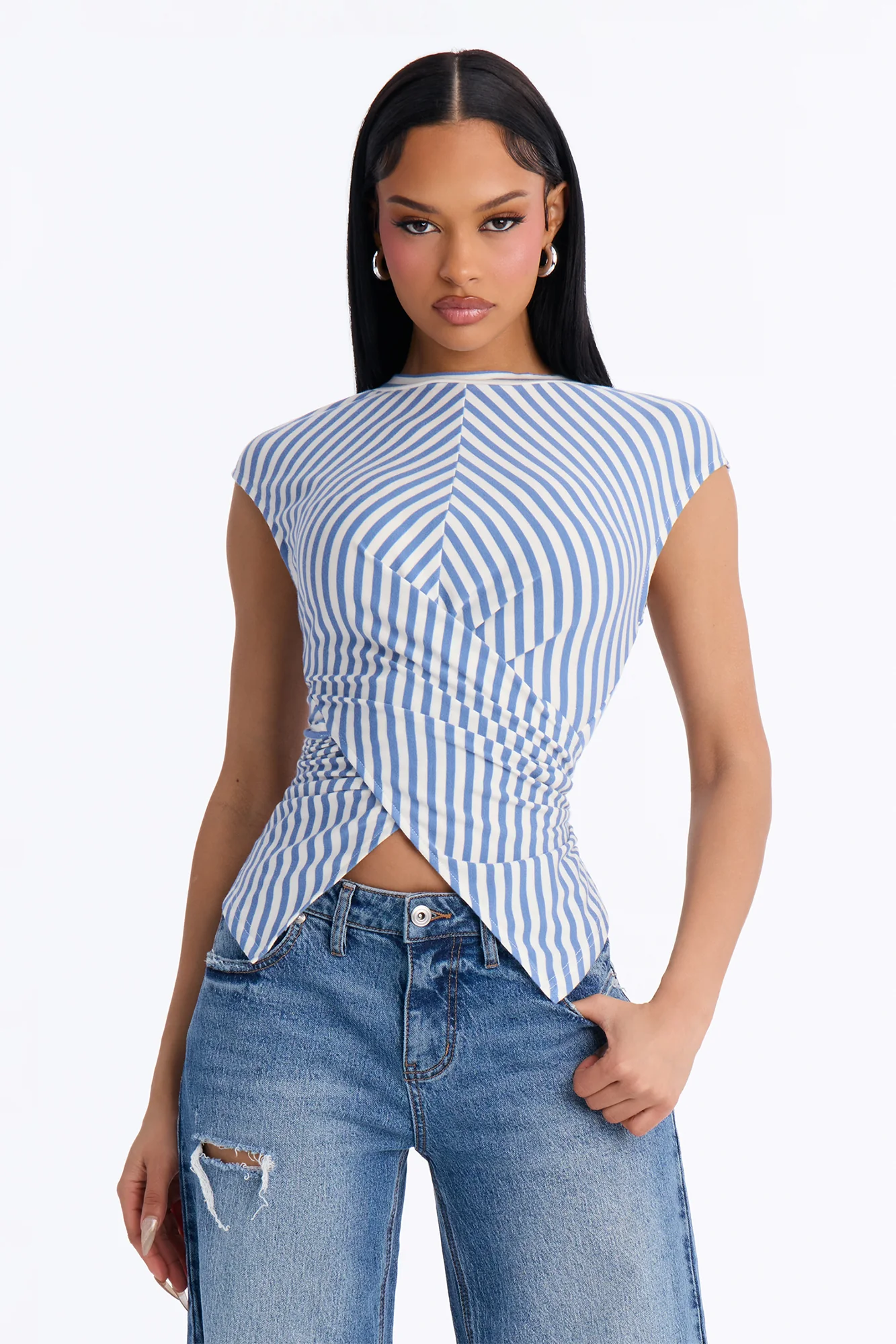 Crossed Up Striped Crew Neck Tee - Blue/combo