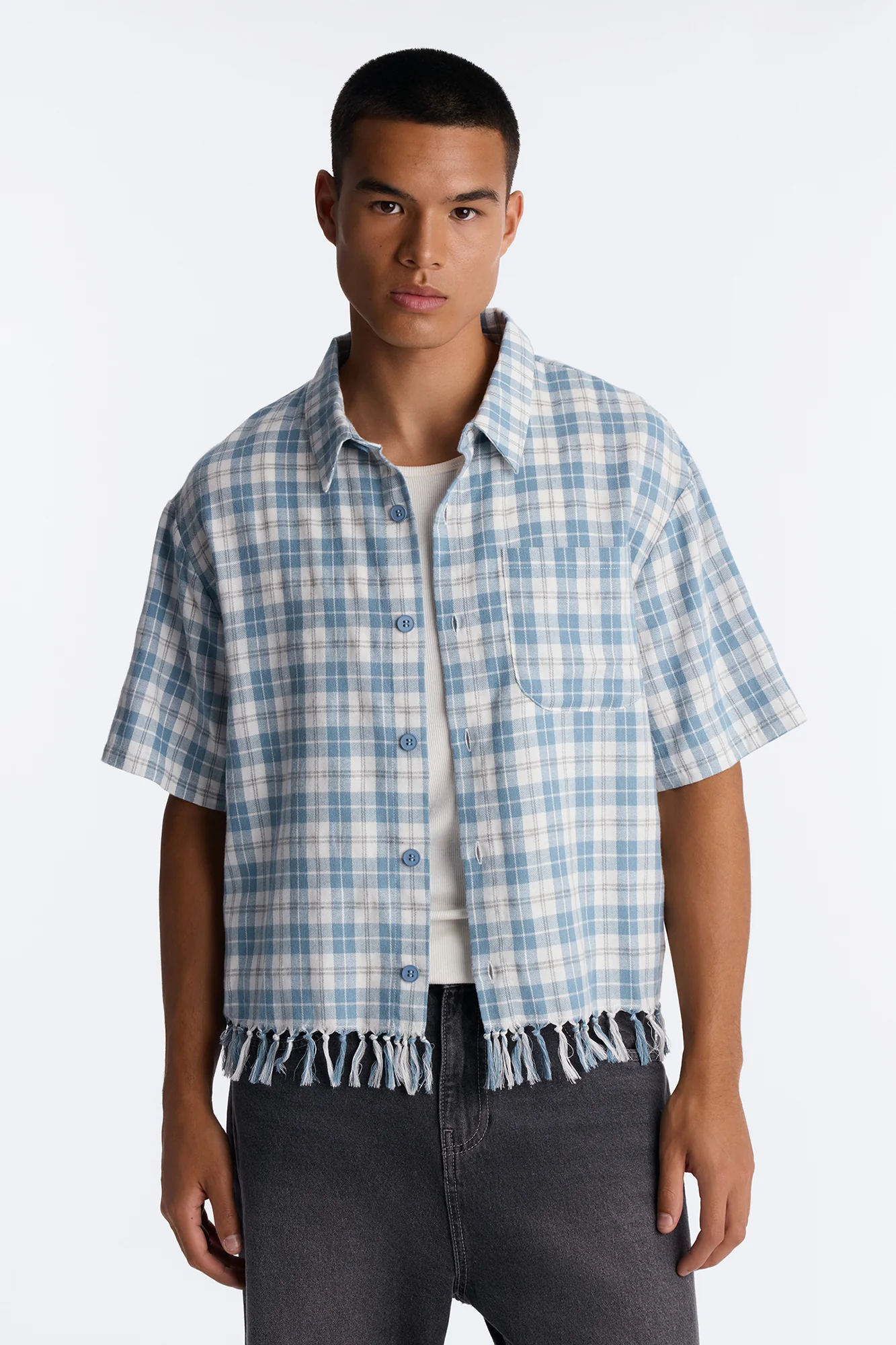 Crossfade Fringe Plaid Button Up Shirt - Blue/combo - Image 2