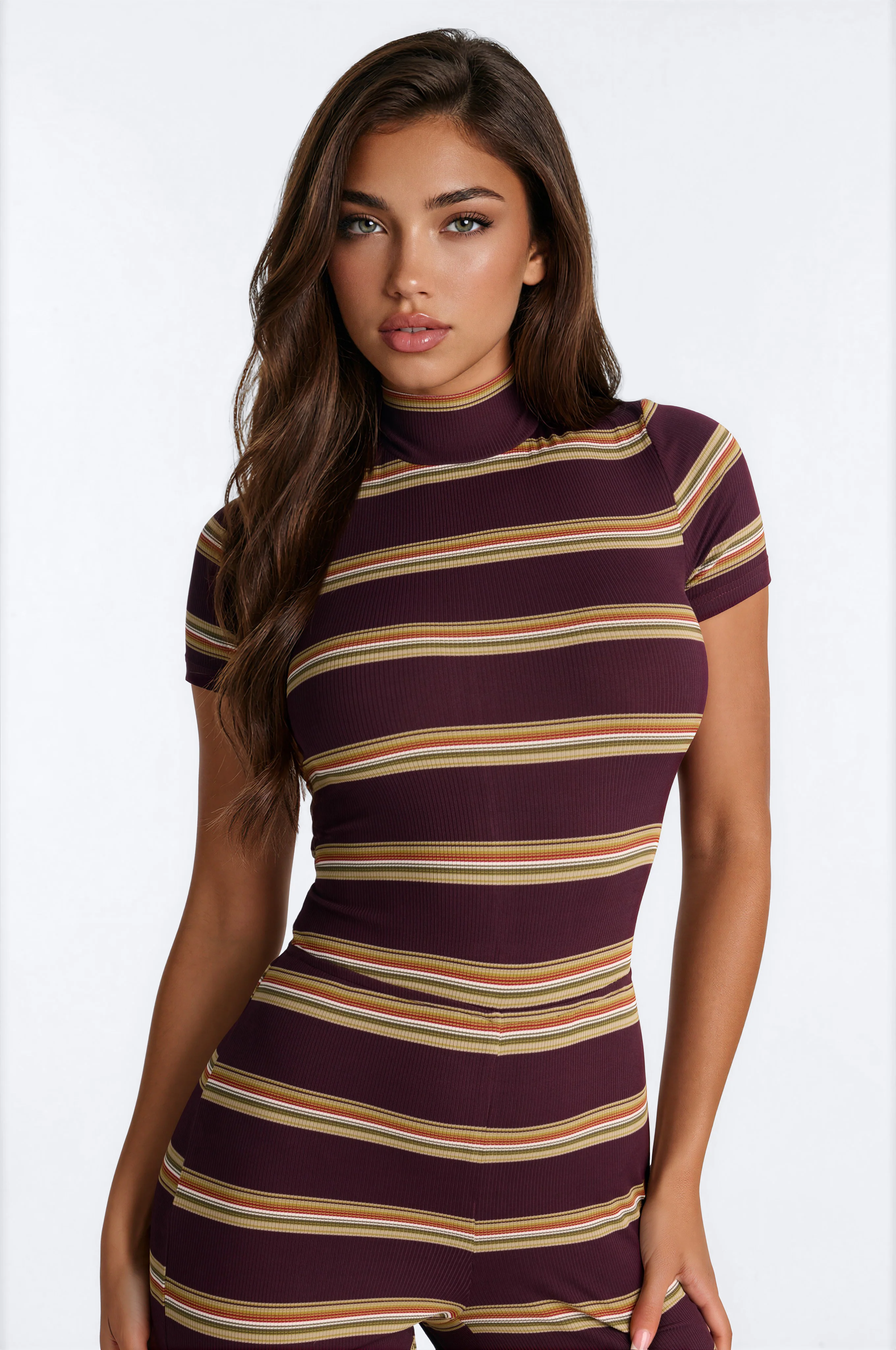 Crossing Lines Ribbed StripedJumpsuit - Wine - Image 2