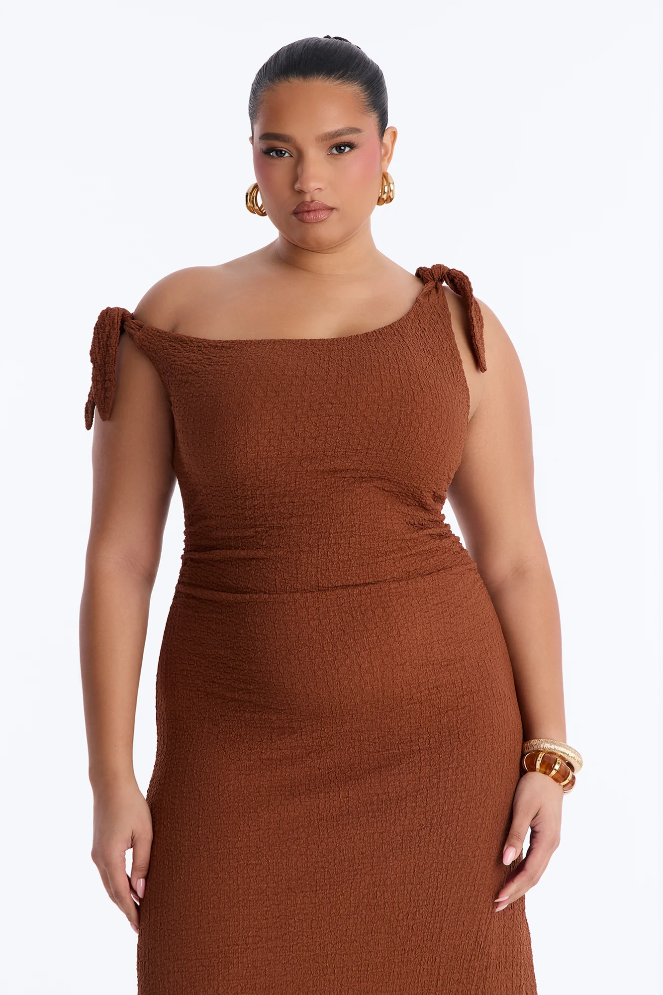 Crystal One Shoulder Textured Midi Dress - Chocolate - Image 5