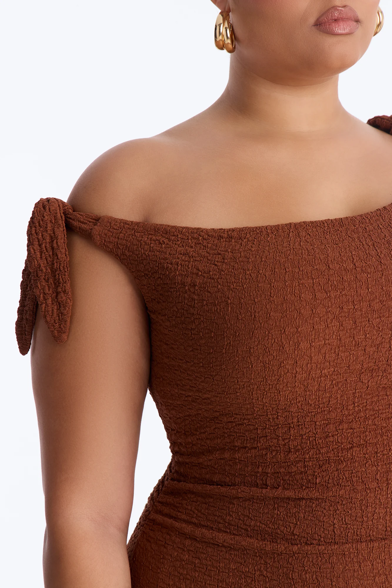 Crystal One Shoulder Textured Midi Dress - Chocolate - Image 6