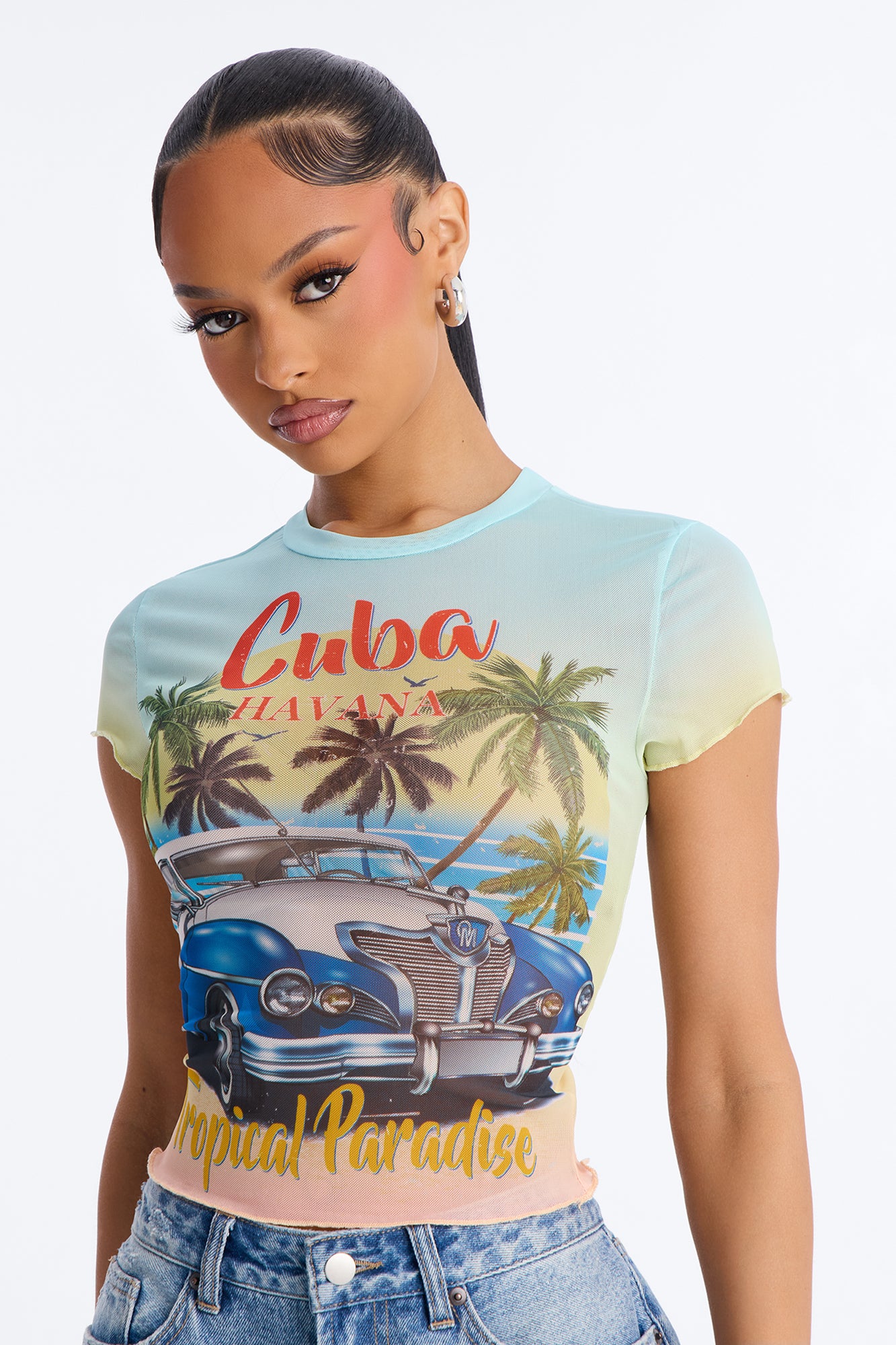 Cuba Havana Paradise Mesh Baby Tee - Multi Color