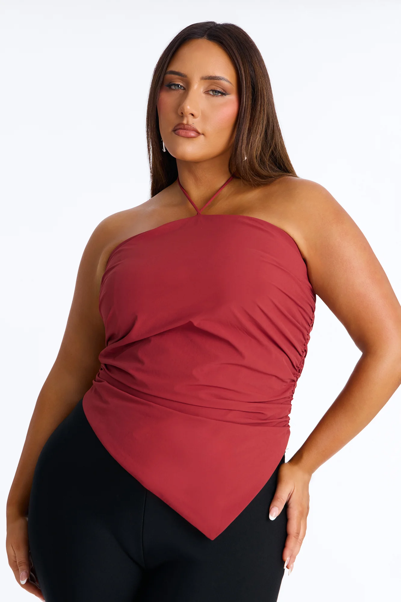 Cute Enough Asymmetrical Nylon Halter Top - Red - Image 5
