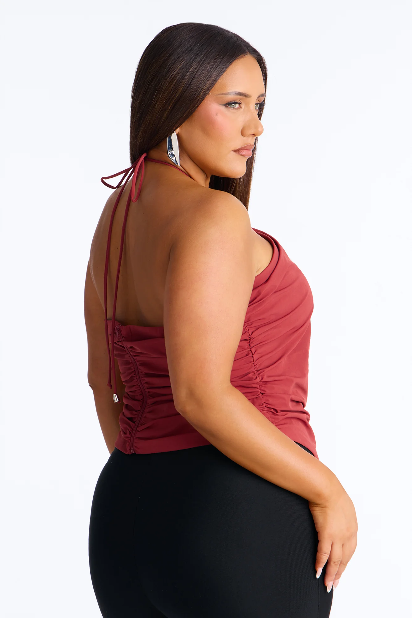 Cute Enough Asymmetrical Nylon Halter Top - Red - Image 7