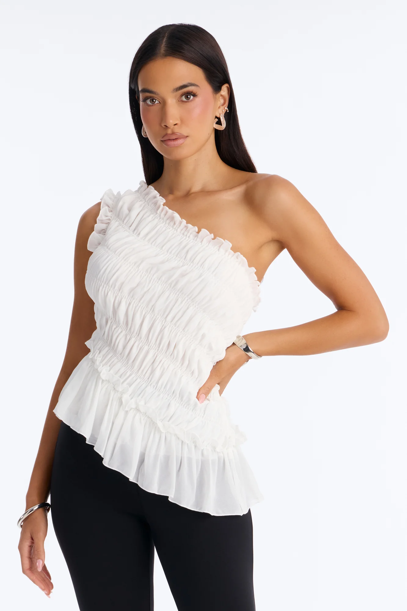 Cutie On Duty One Shoulder Chiffon Ruffle Top - White