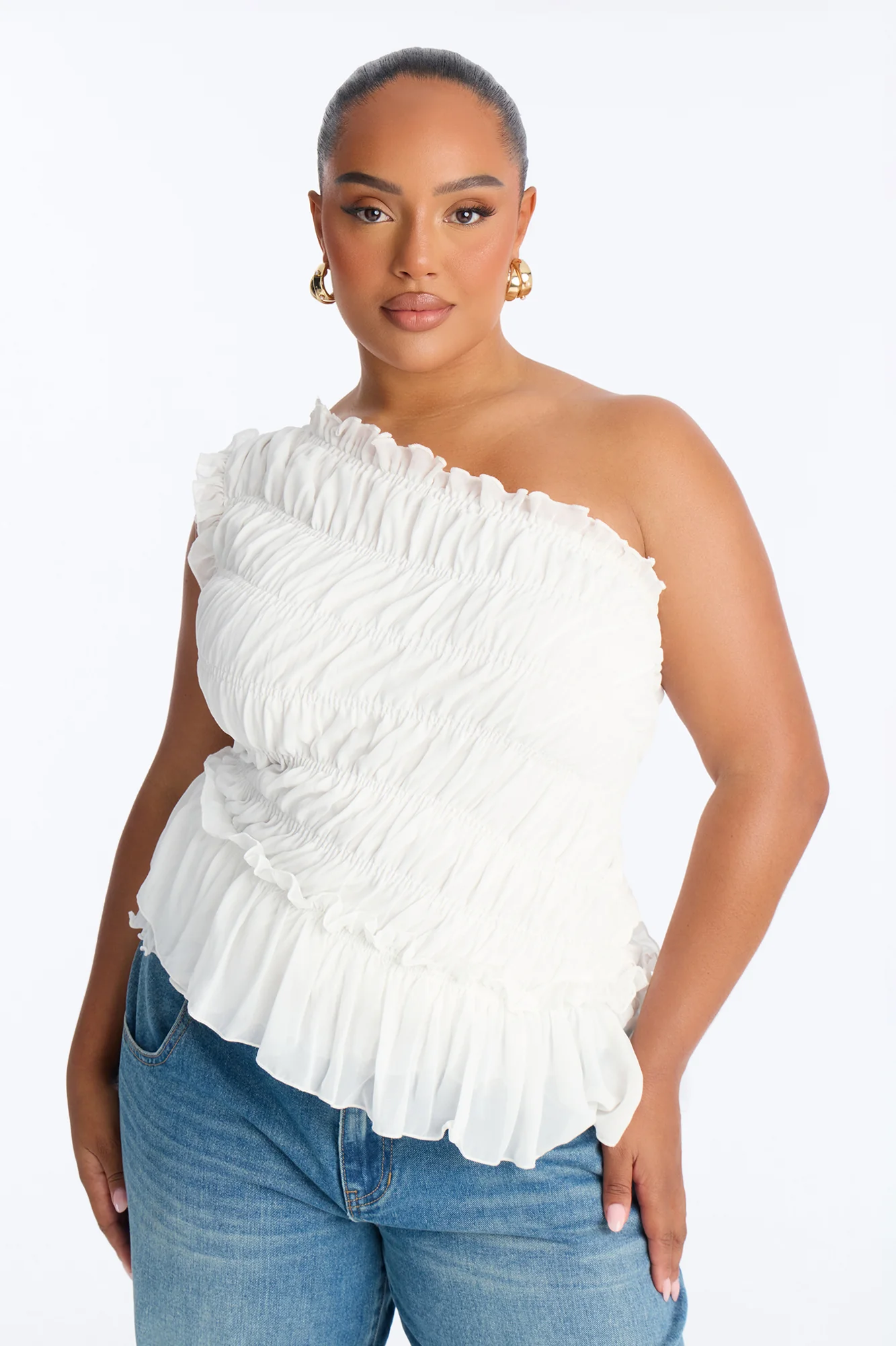 Cutie On Duty One Shoulder Chiffon Ruffle Top - White - Image 5