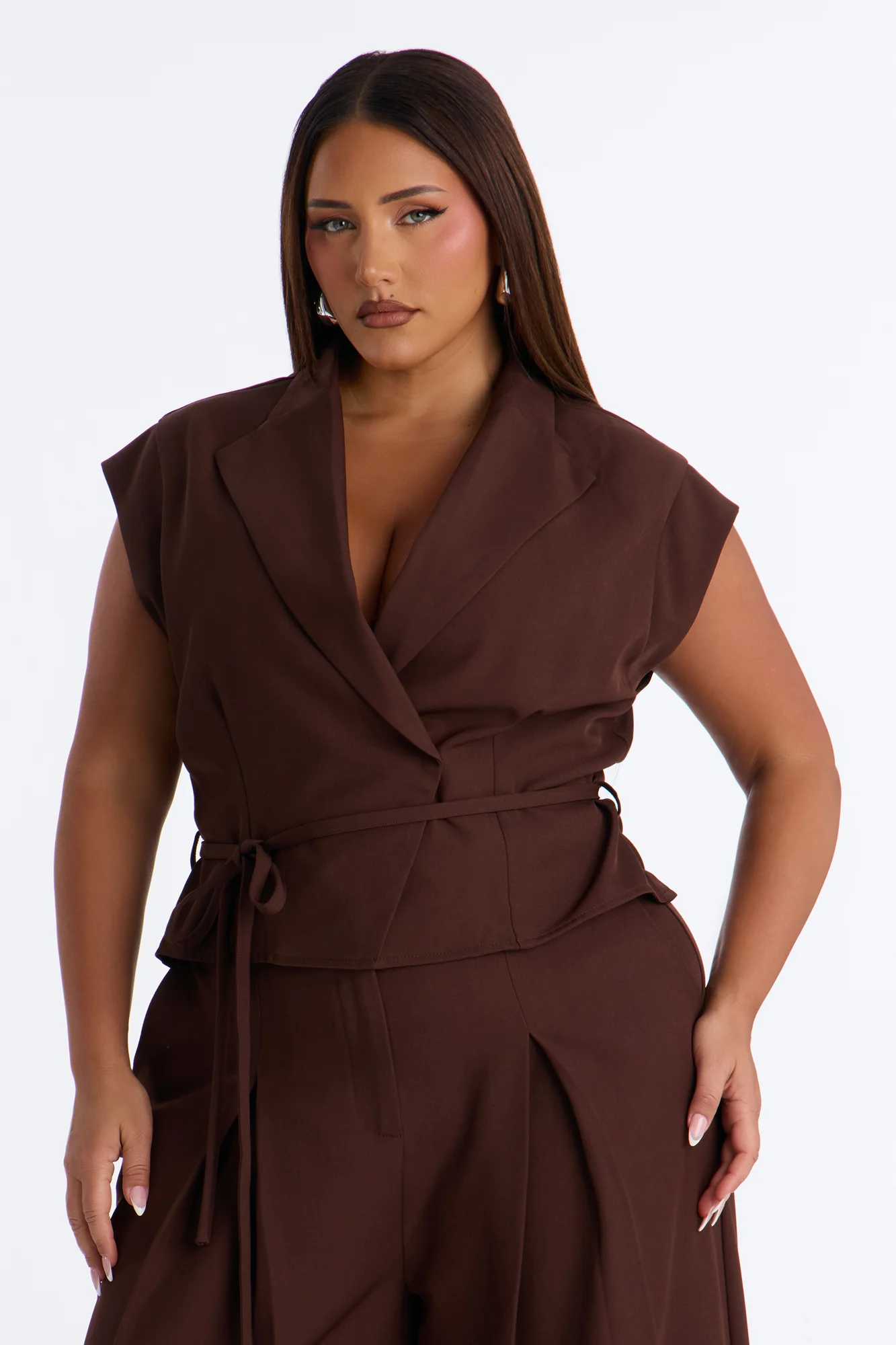 Cynthia Tie Waist Wide Leg Jumpsuit - Chocolate - Image 6