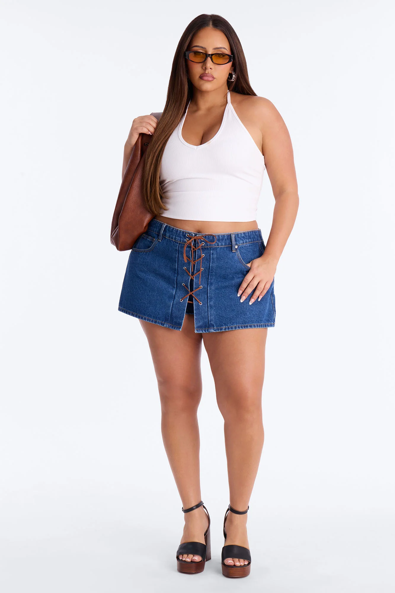 Dakota Lace Up Denim Micro Mini Skort - Dark Wash - Image 5