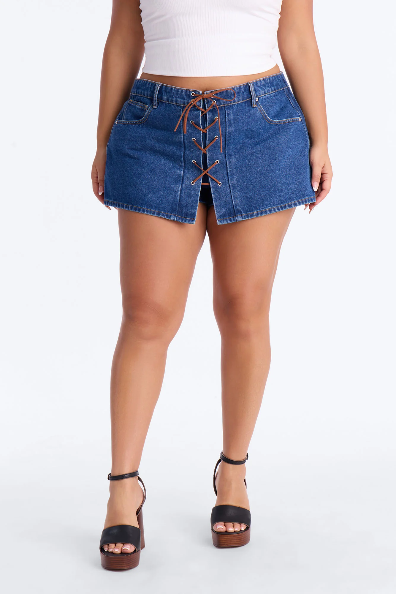 Dakota Lace Up Denim Micro Mini Skort - Dark Wash - Image 6