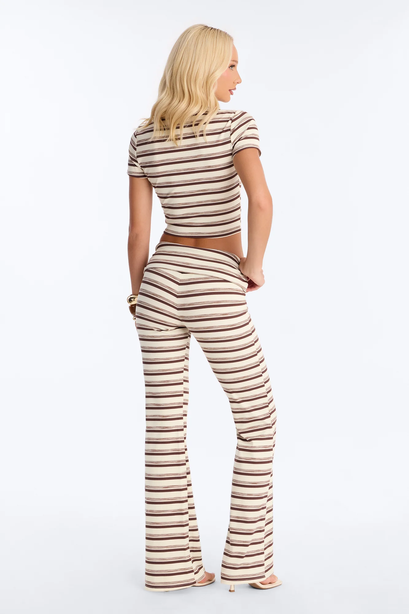Dana Stripe Foldover Waistband Pant Set - Brown Combo - Image 4