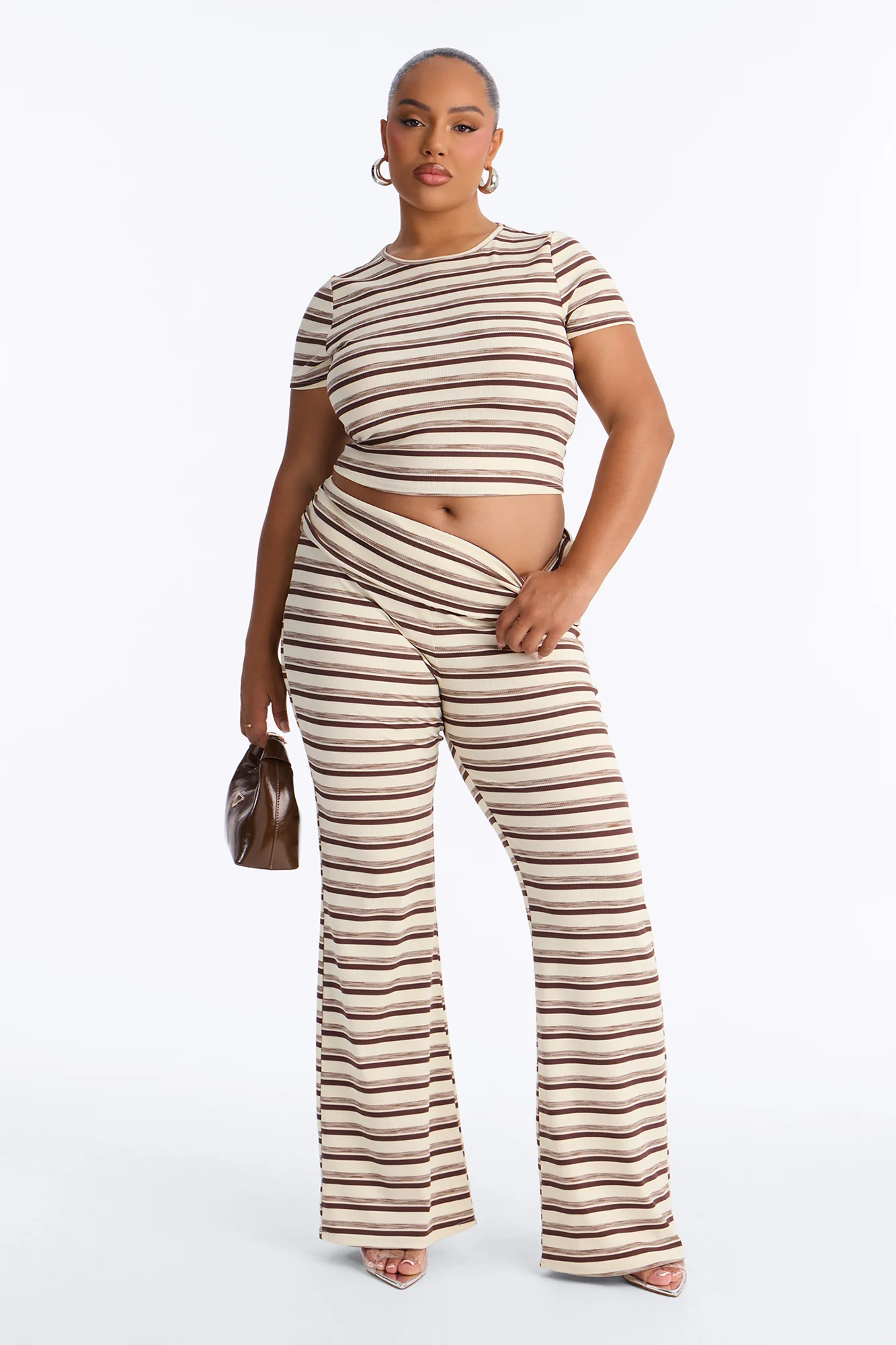 Dana Stripe Foldover Waistband Pant Set - Brown Combo - Image 5