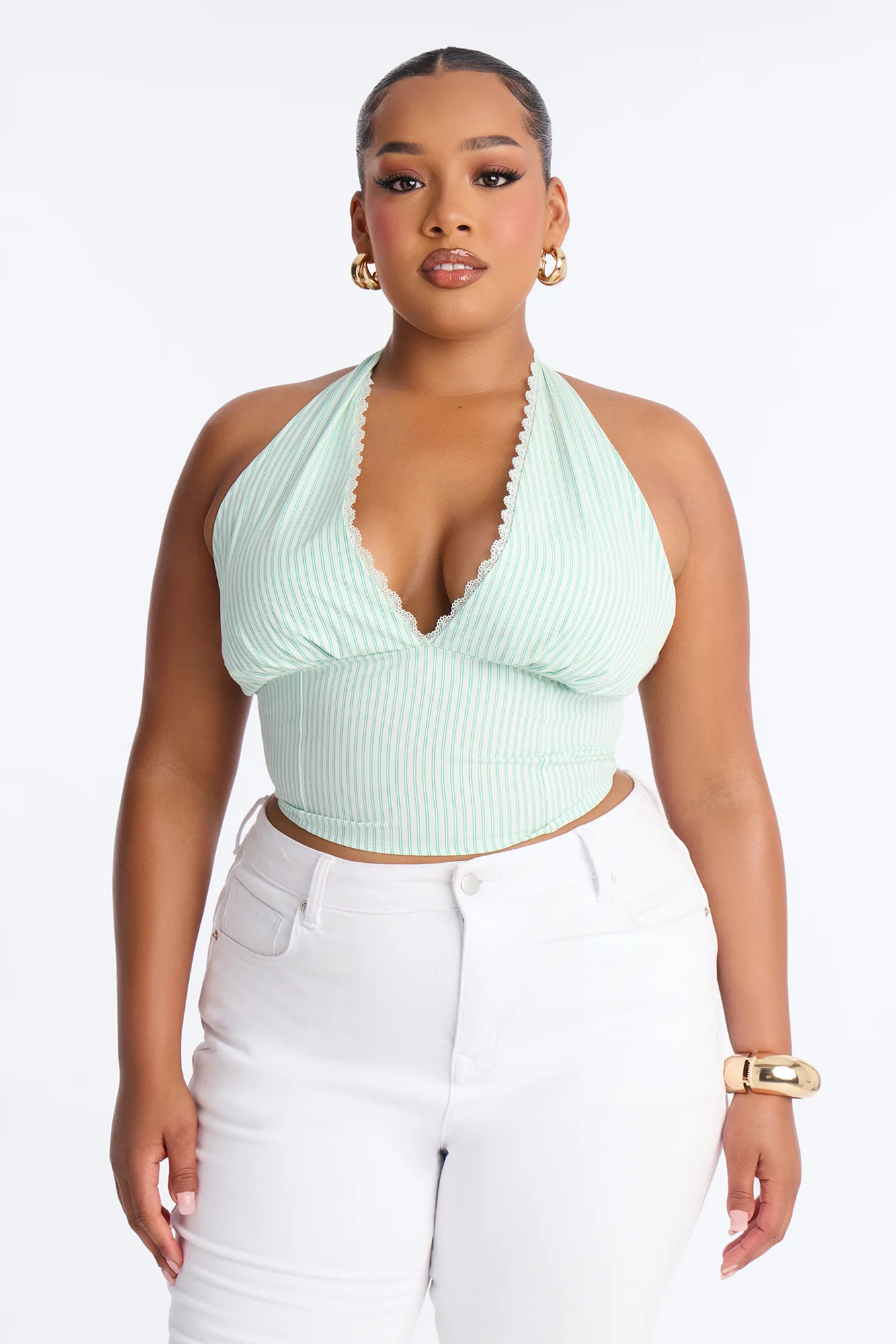 Daniella Lace Trim Poplin Striped Halter Top - Green/combo - Image 5