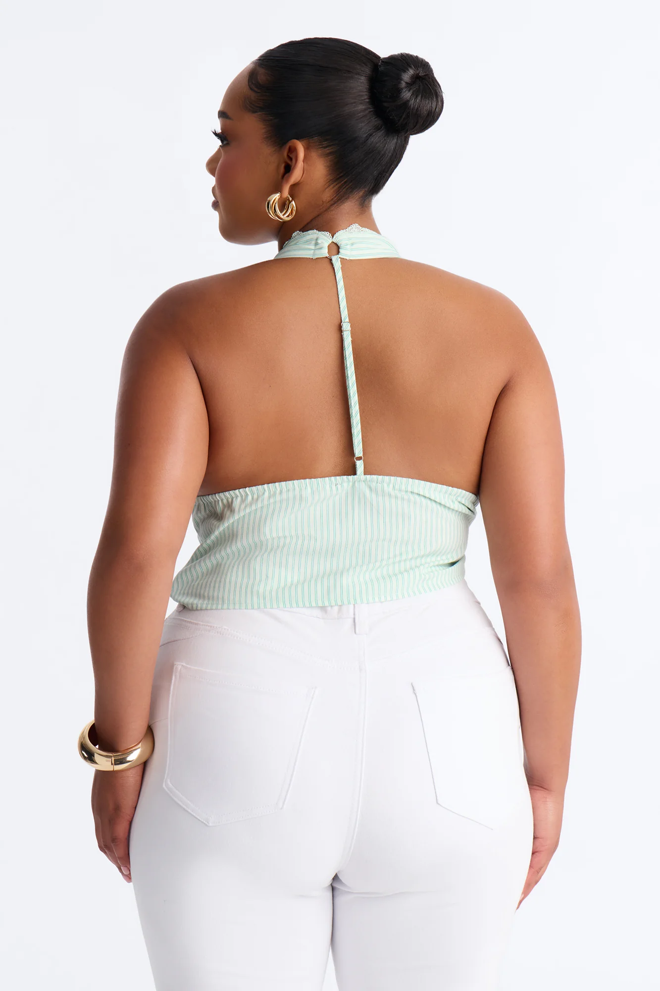 Daniella Lace Trim Poplin Striped Halter Top - Green/combo - Image 7