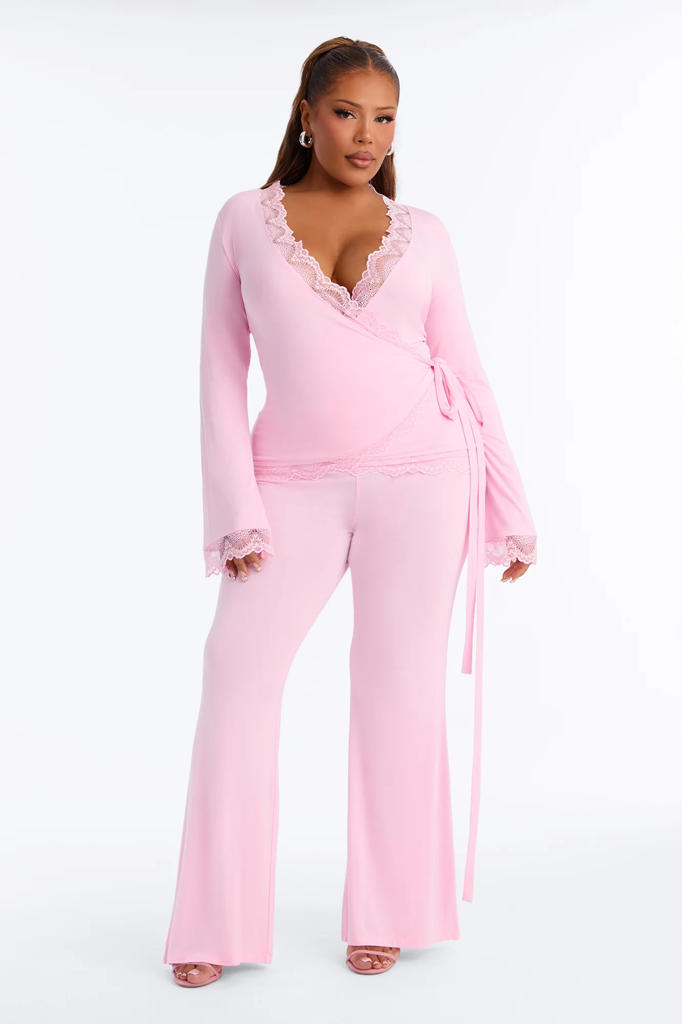 Danielle Lace Trim Wrap Pant Set - Pink - Image 4
