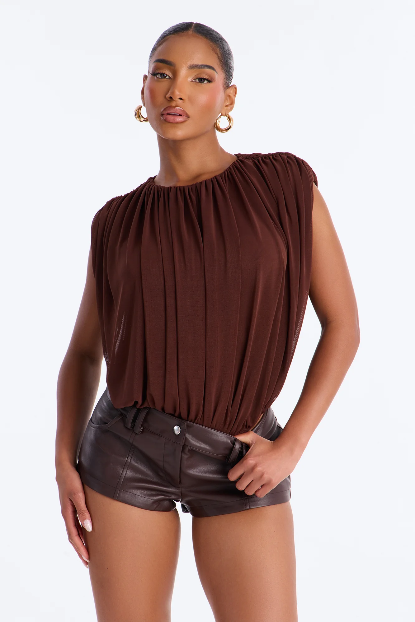 Danielle Ruched Short Sleeve Mesh Bodysuit - Brown - Image 3