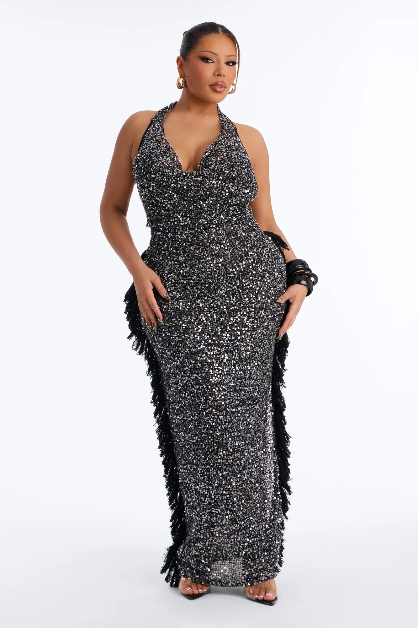Dark Femme Fringe Sequin Maxi Dress - Black - Image 4