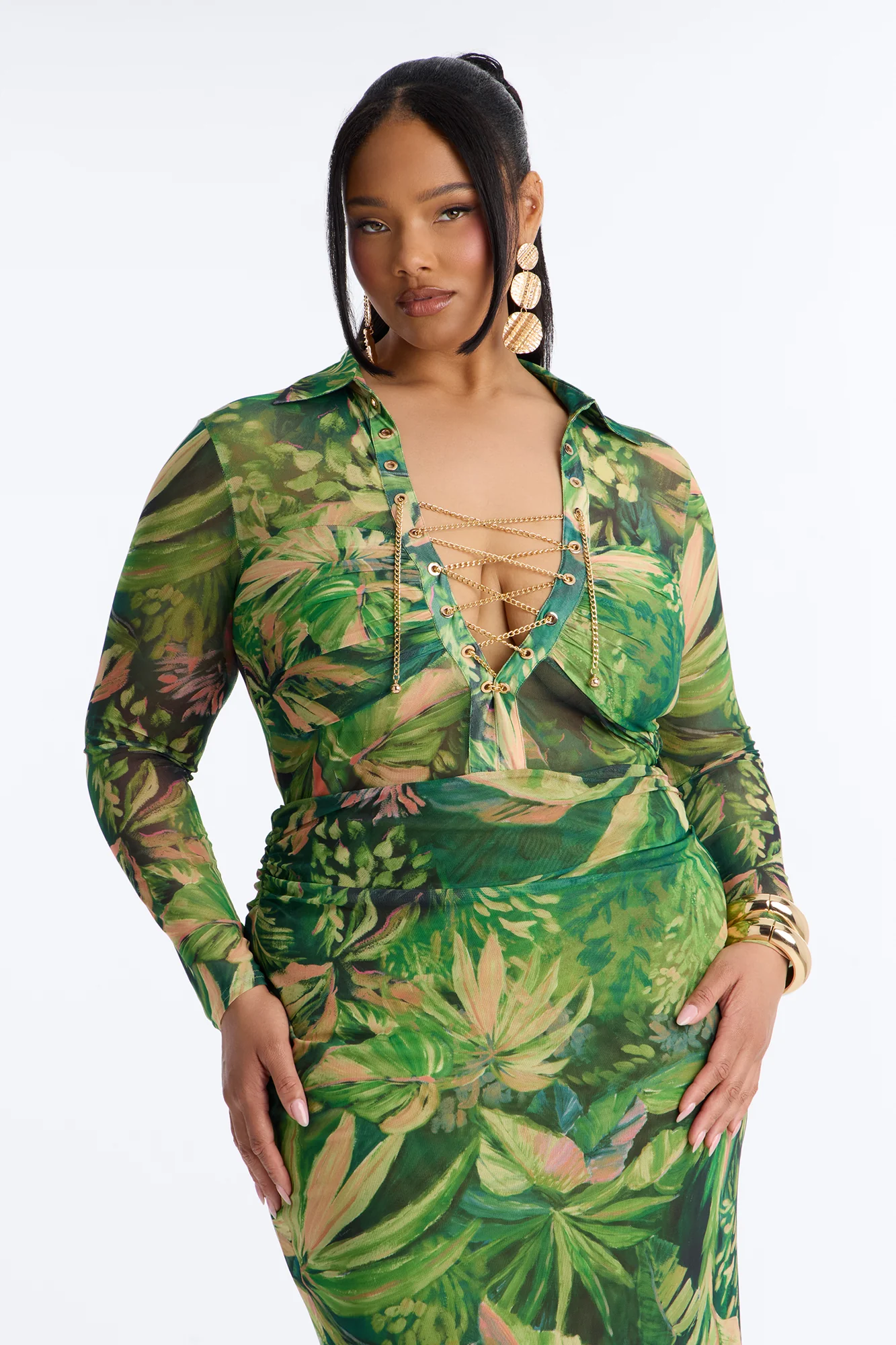 Dark Paradise Lace Up Mesh Midi Dress - Green/combo - Image 6