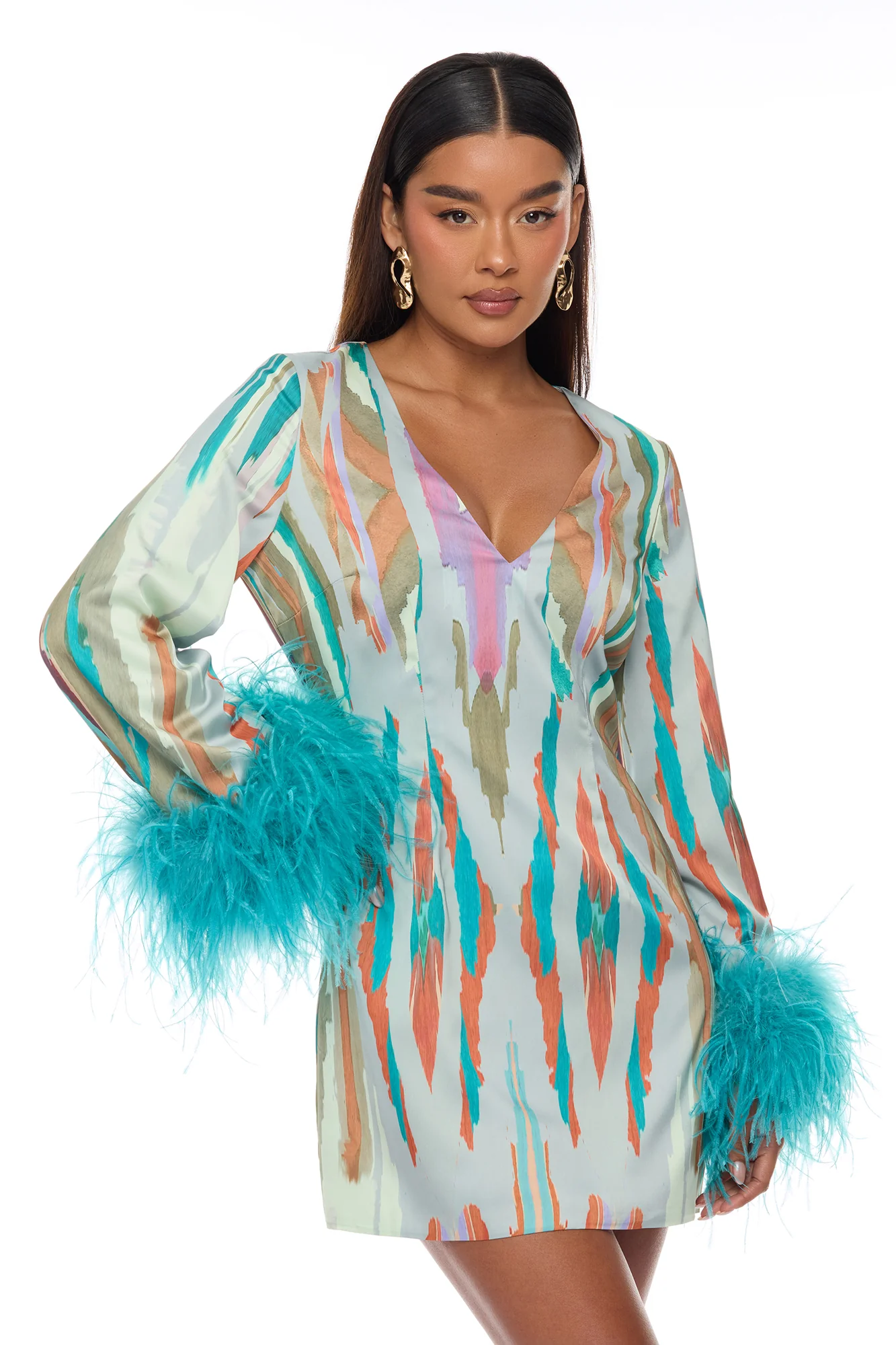 Daydreaming Feathered Satin Mini Dress - Turquoise/combo