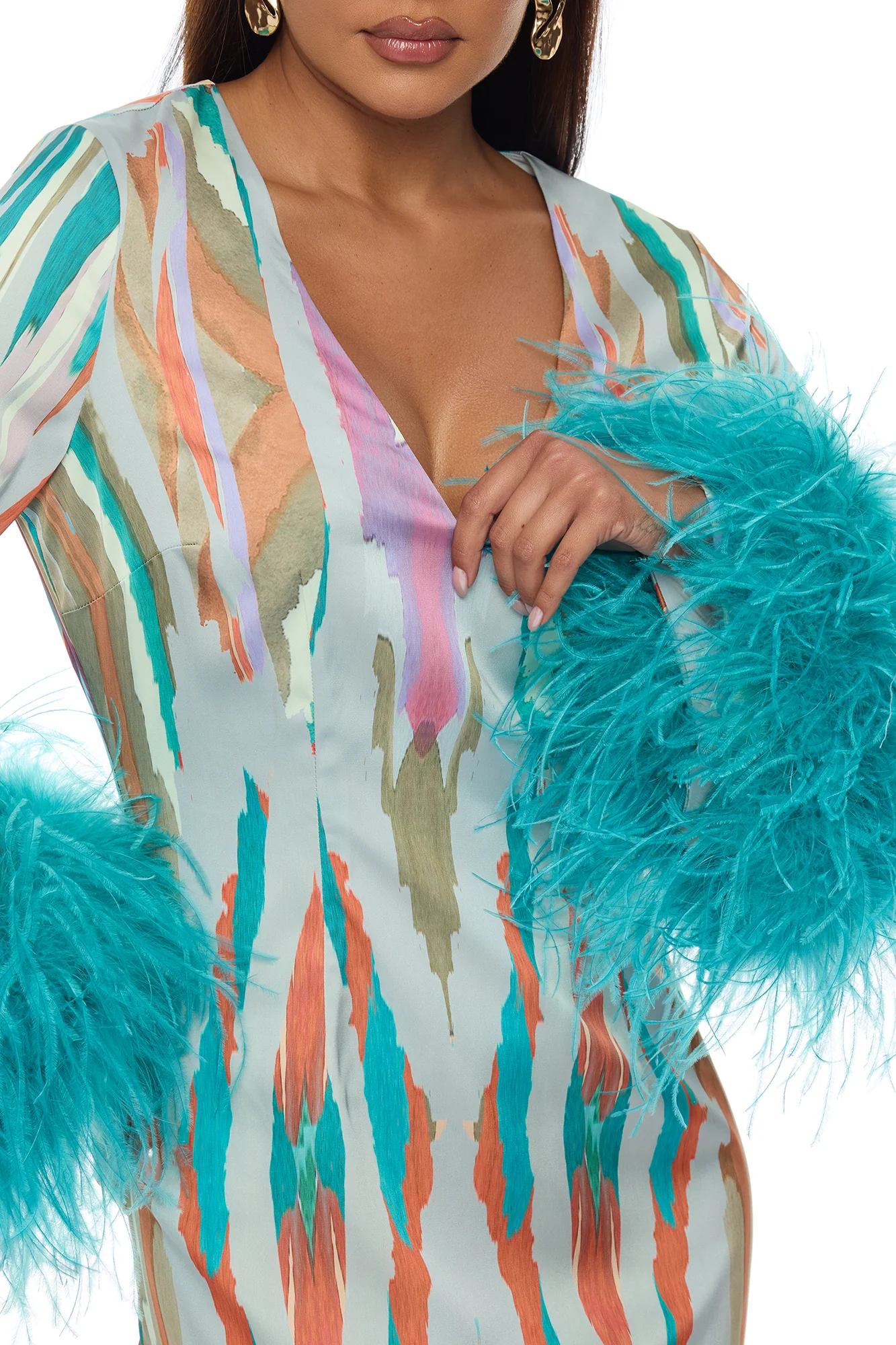 Daydreaming Feathered Satin Mini Dress - Turquoise/combo - Image 3