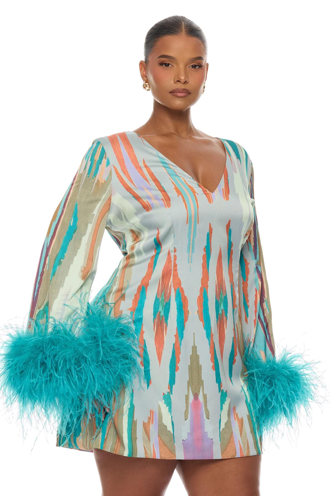 Daydreaming Feathered Satin Mini Dress - Turquoise/combo - Image 5