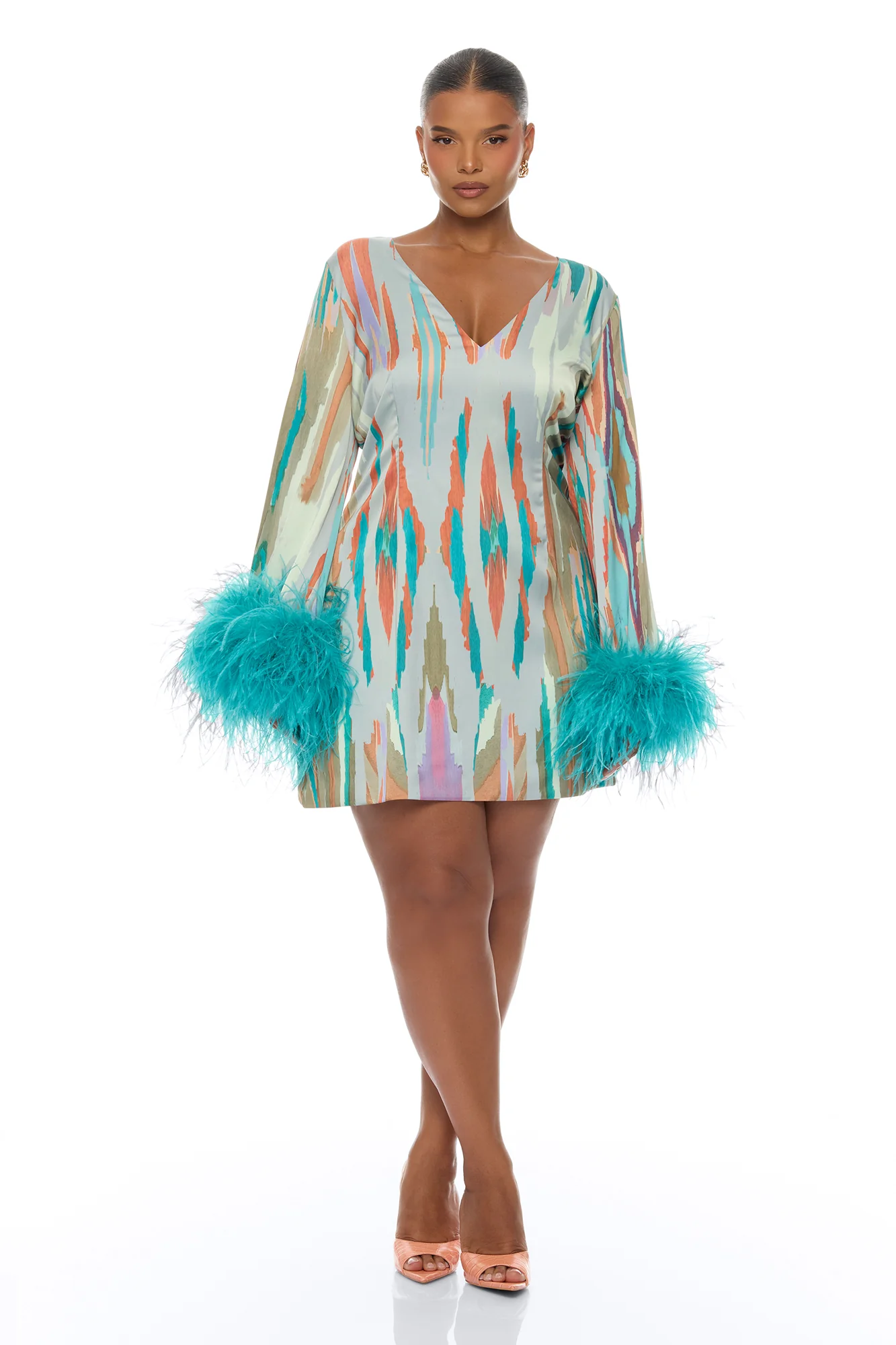 Daydreaming Feathered Satin Mini Dress - Turquoise/combo - Image 6