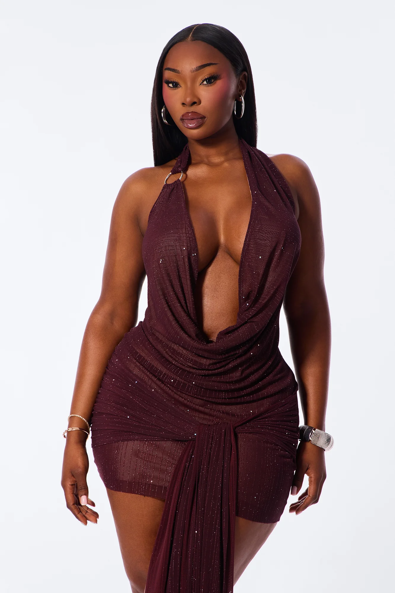 Dazzle Metallic Knit Mesh Cowl Neck Mini Dress - Eggplant - Image 7