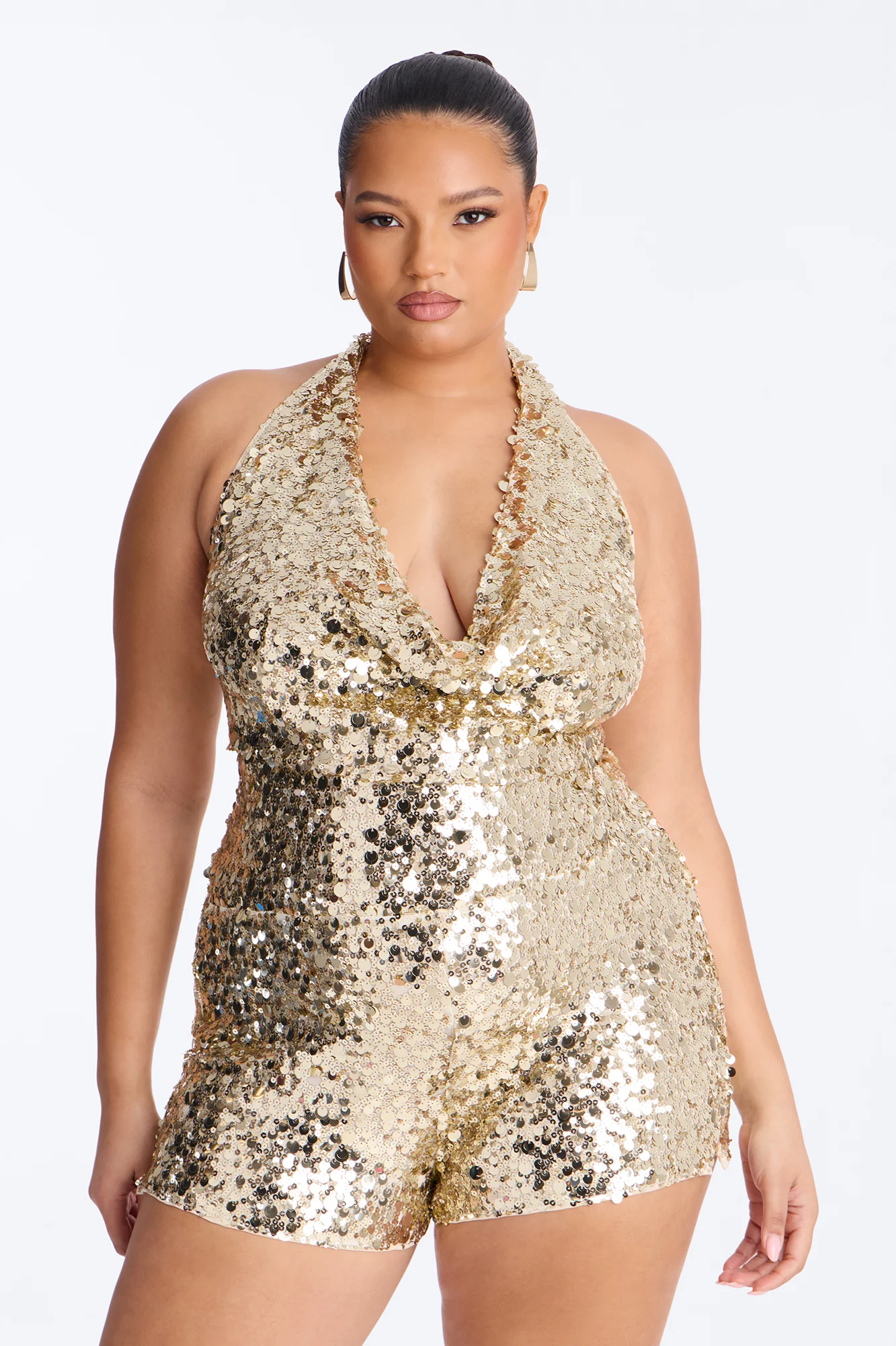 Dazzling In The Night Sequin Halter Romper - Gold - Image 6