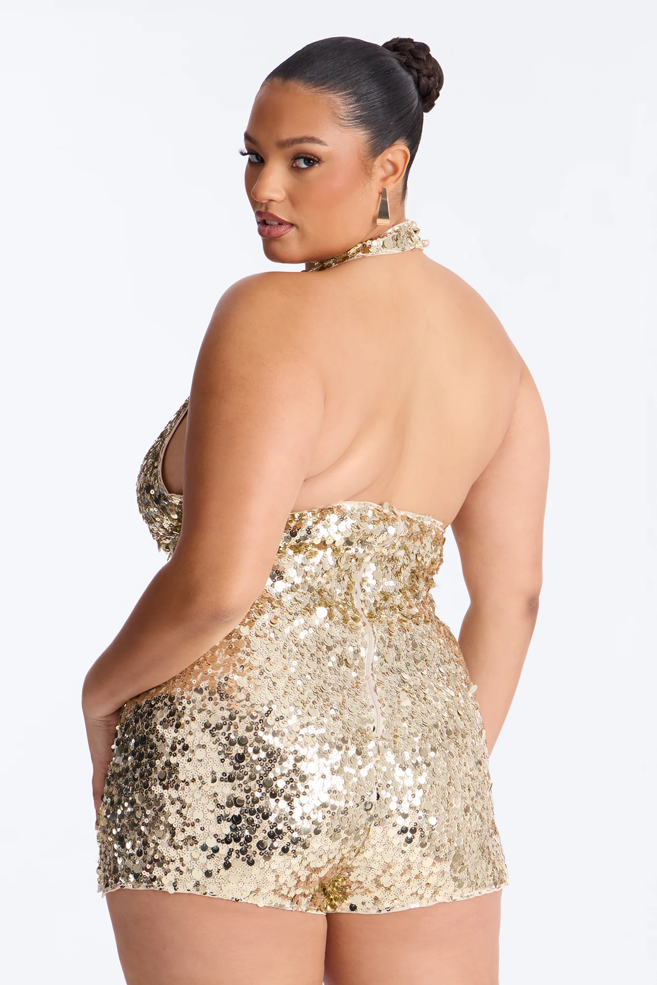 Dazzling In The Night Sequin Halter Romper - Gold - Image 8