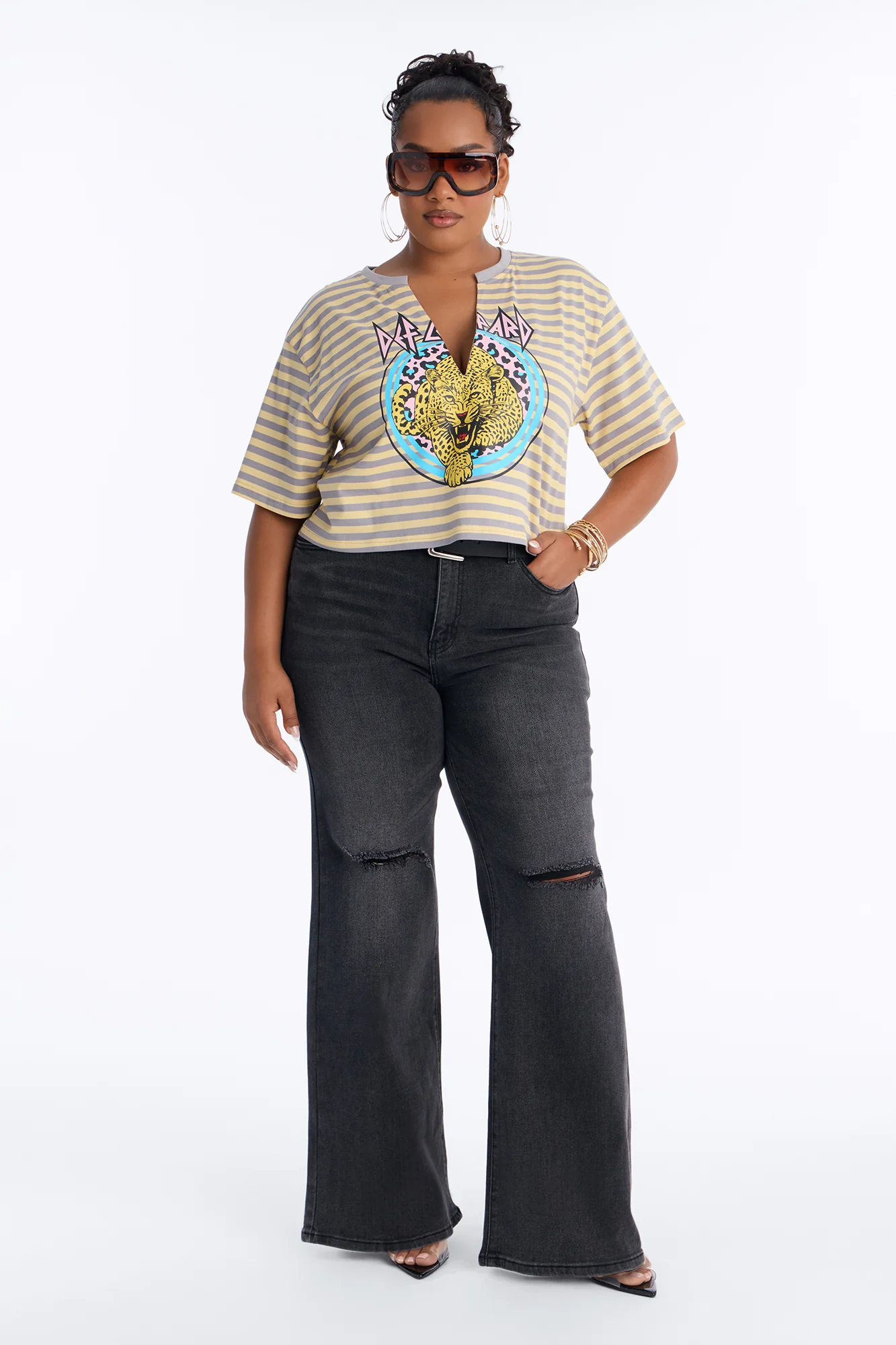 Def Leppard Stripe Crop Tee - Butter Yellow - Image 6