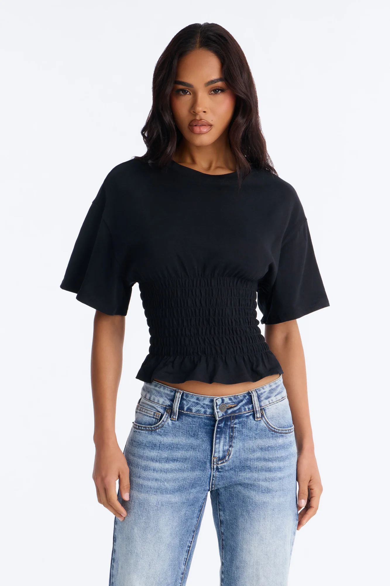 Delaney Smocked Short Sleeve Top - Black