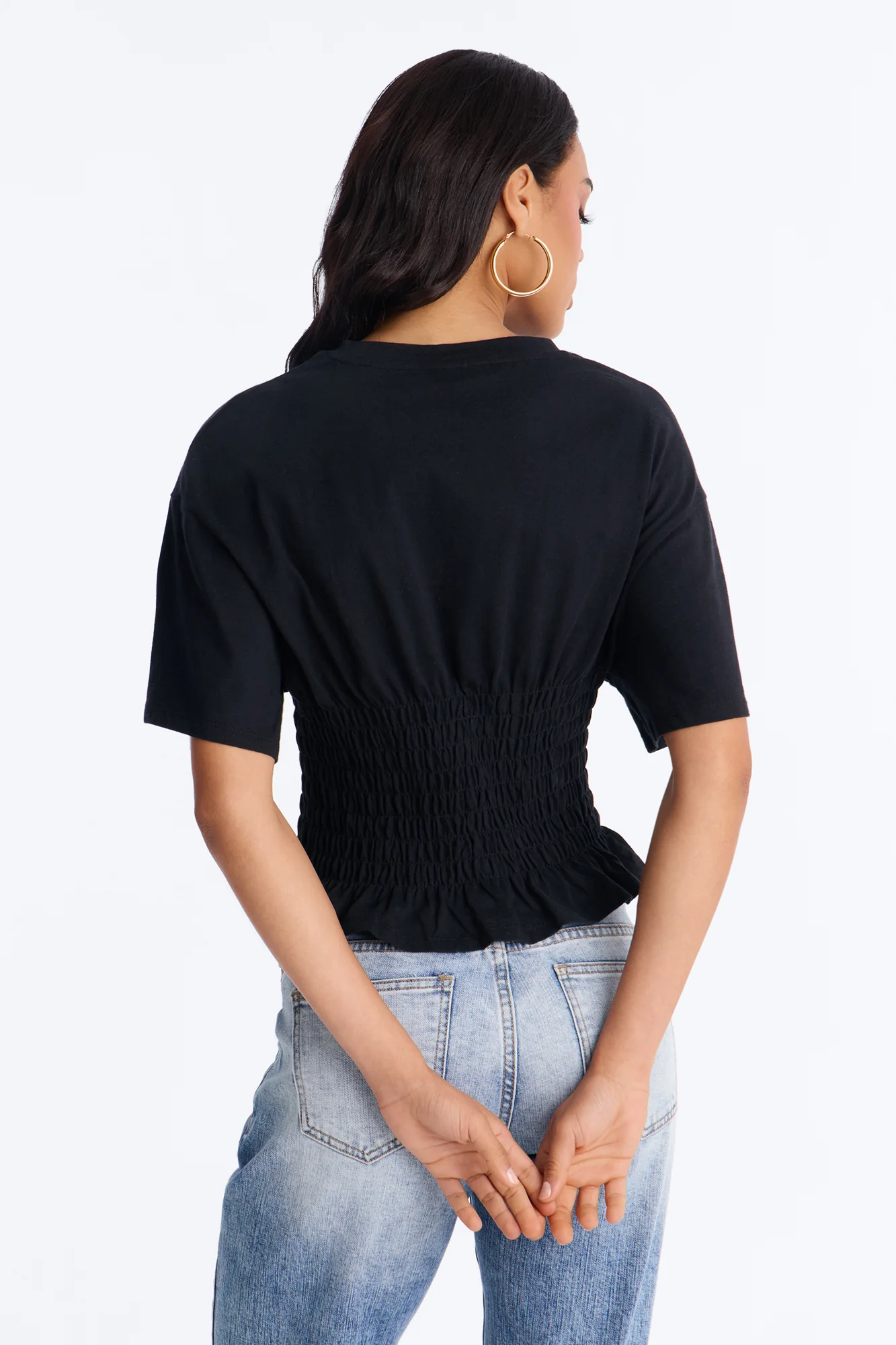 Delaney Smocked Short Sleeve Top - Black - Image 4